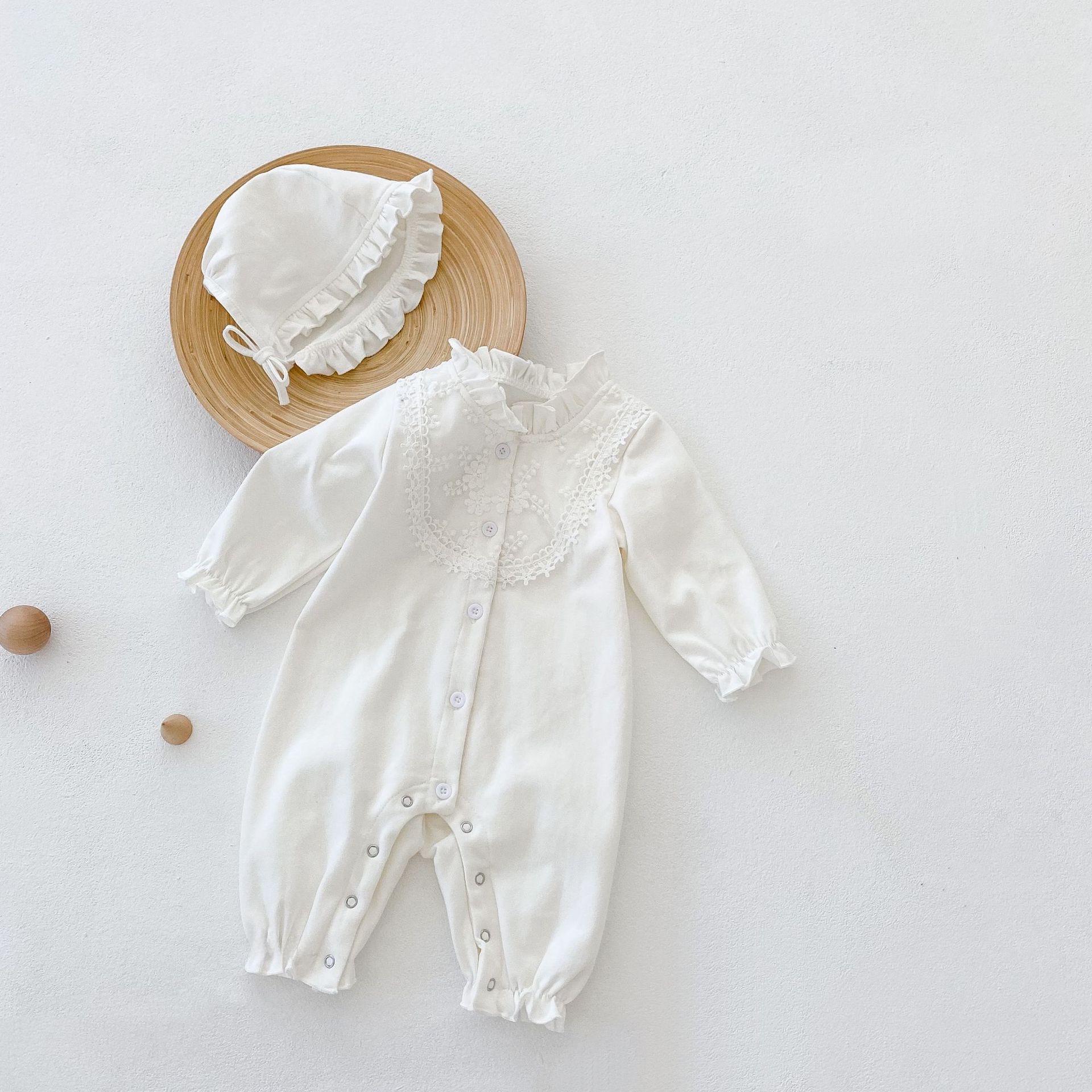 Voyex 2024 Lente/Herfst Jumpsuit met Kanten Kraag en Lange Mouwen voor Pasgeboren Meisjes 66 cm ivoor