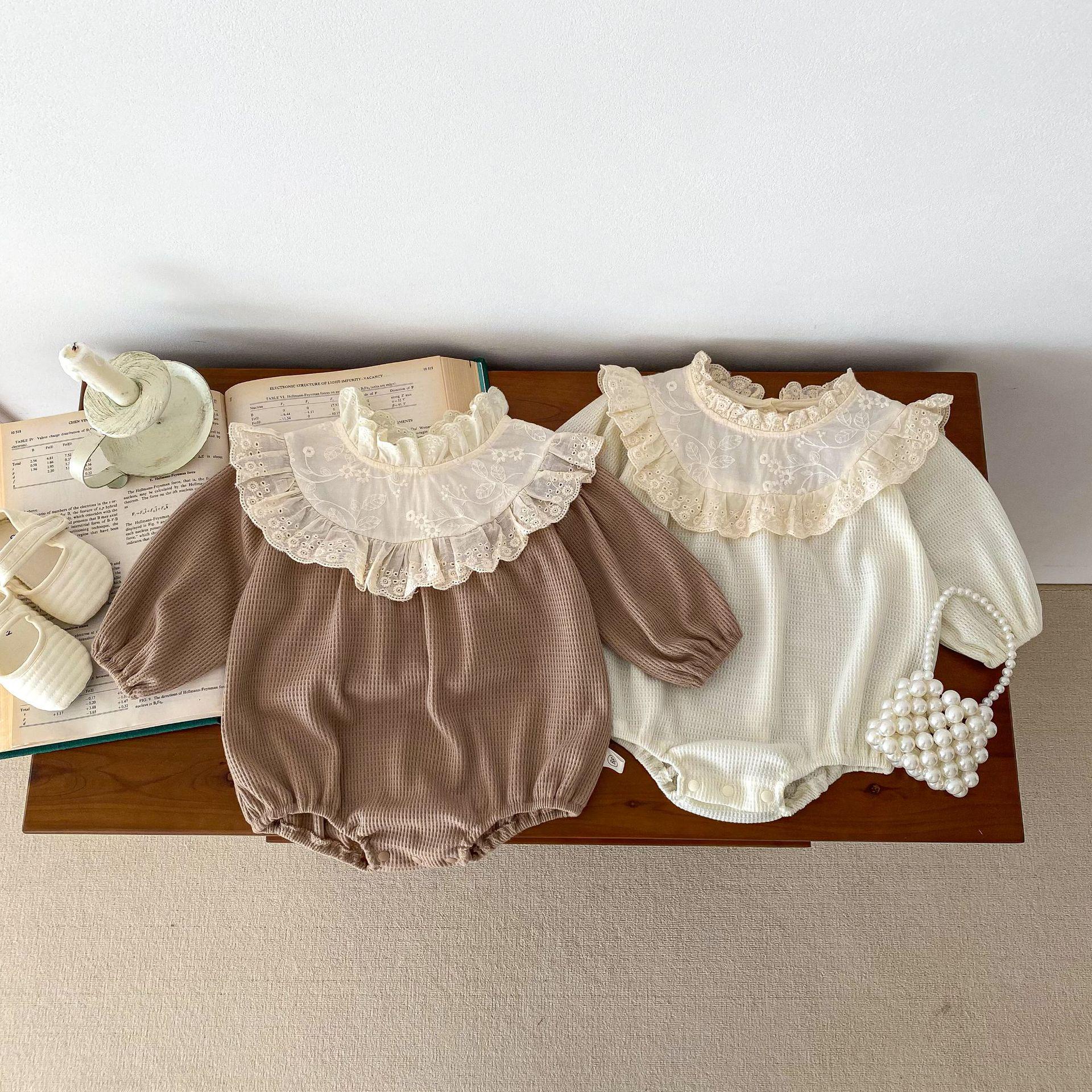 Voyex Koreaanse babymeisjes romper met lange mouwen en kant - schattige lente-/herfststijl 73cm grijze kleur