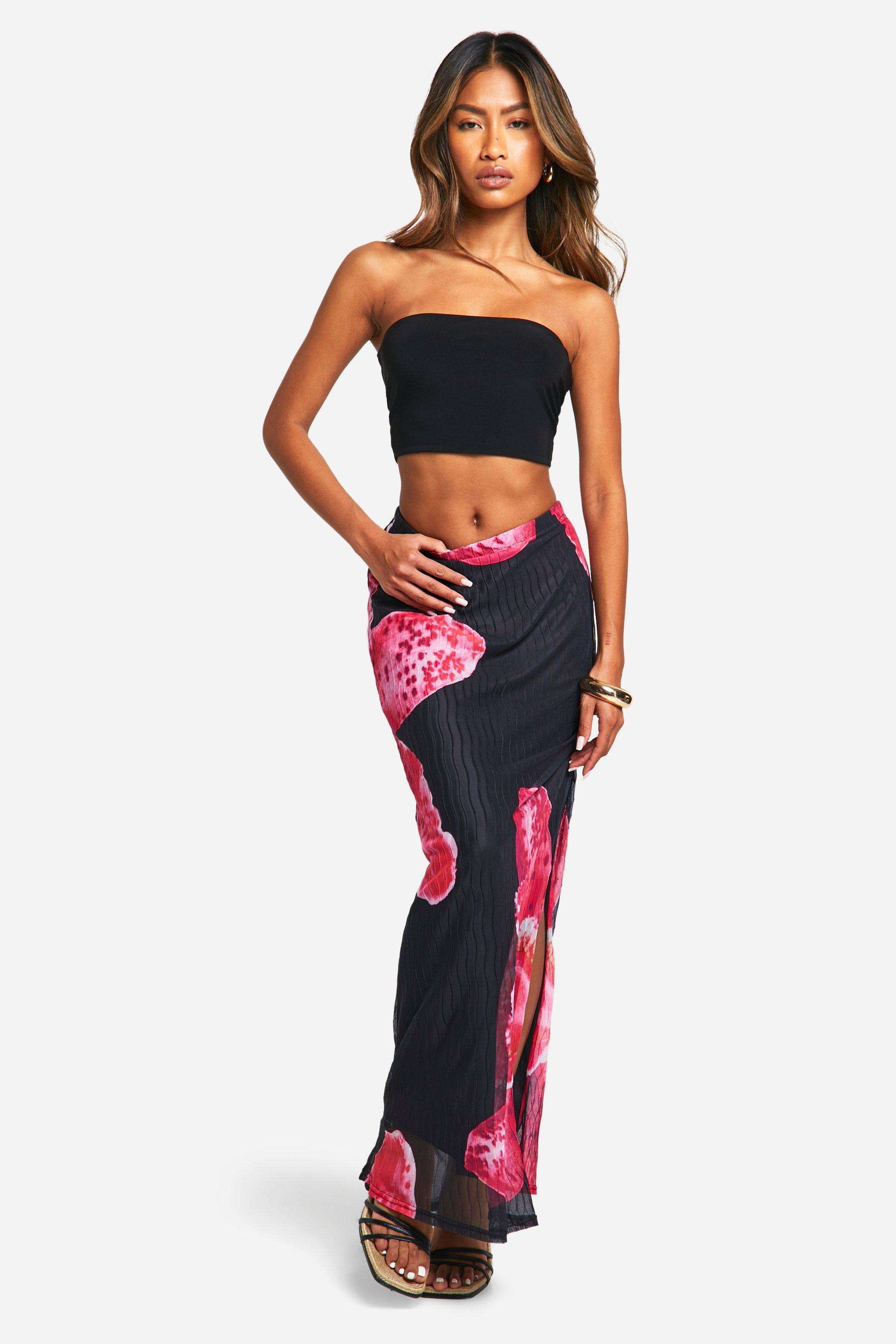 Boohoo Tropische Plisse Golvende Bloemen Maxi Rok, Black