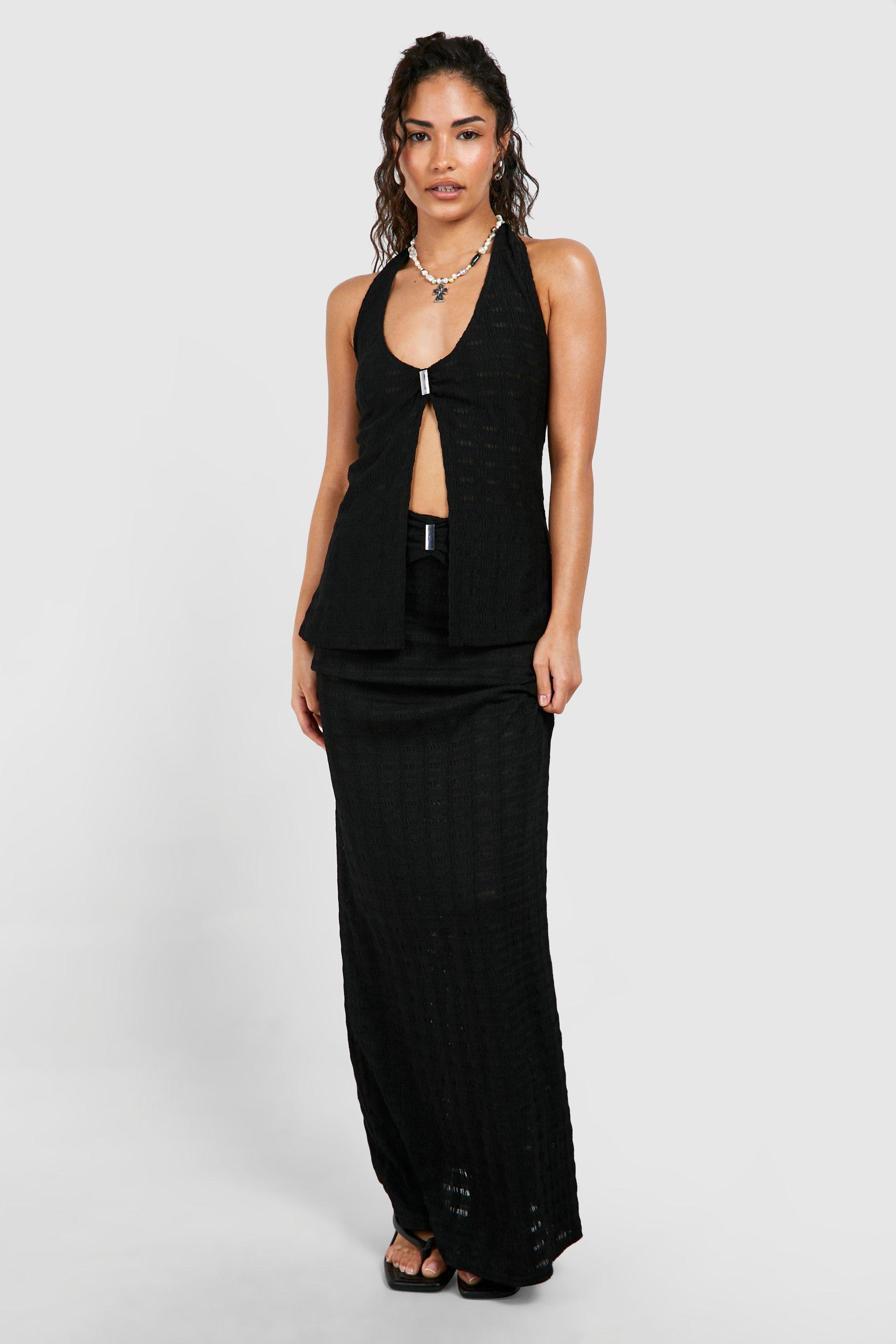 Boohoo Petite Maxi Rok Met Textuur En Taille Detail, Black