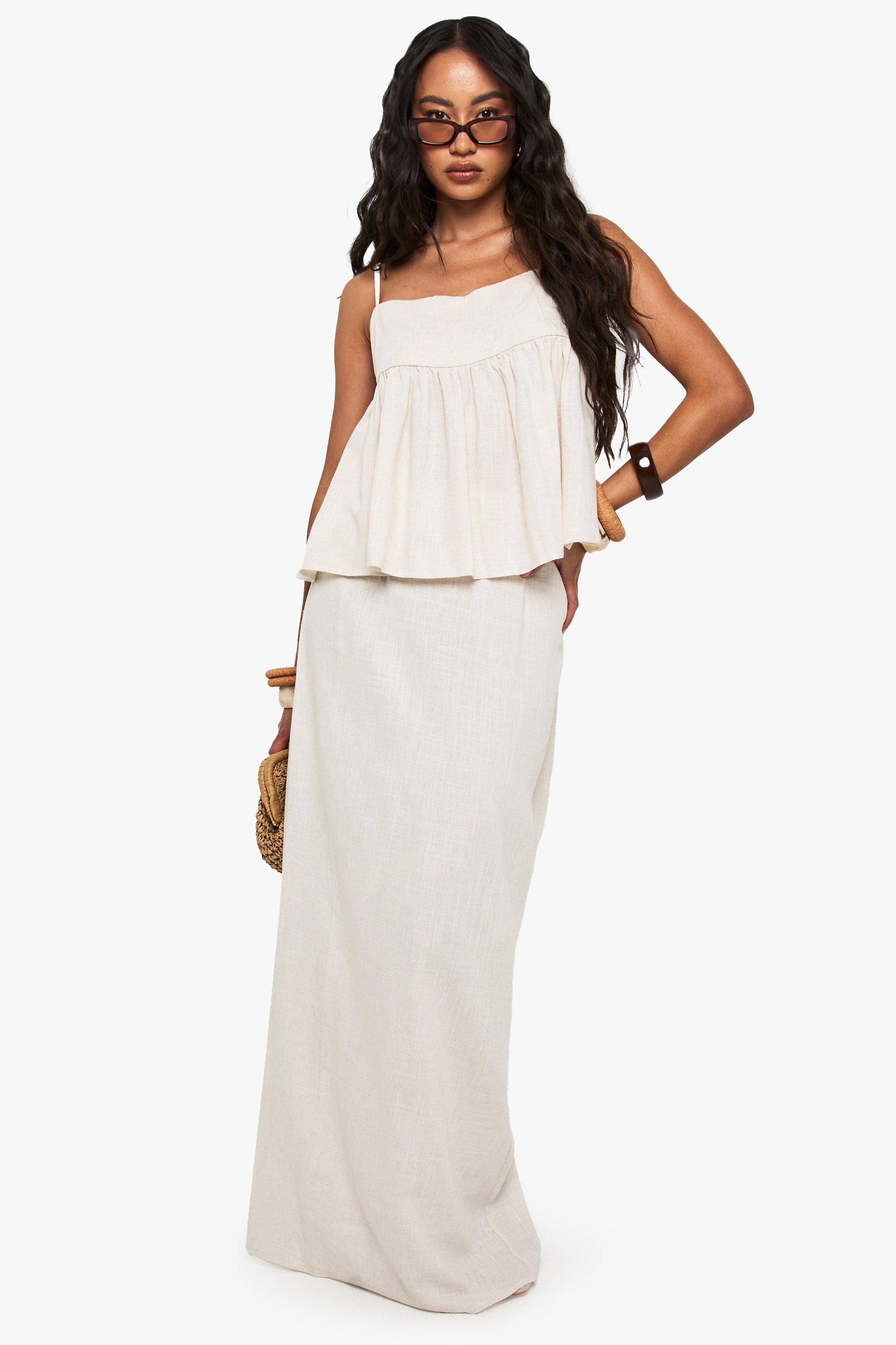 Boohoo Linnen Look Maxi Rok, Beige
