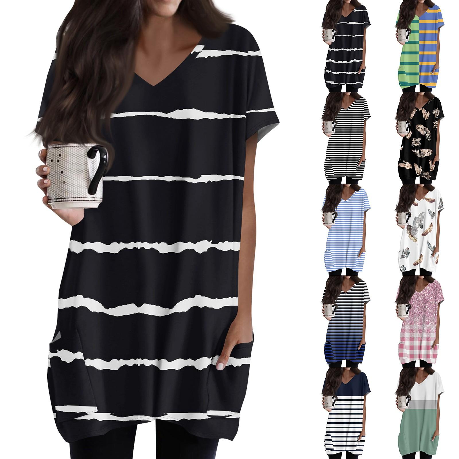 Ren Bag Dames Tops V-hals Korte Mouw Blouses Casual Mid-length Shirts Mode Print Tuniek Tops Met Zakken L zwart