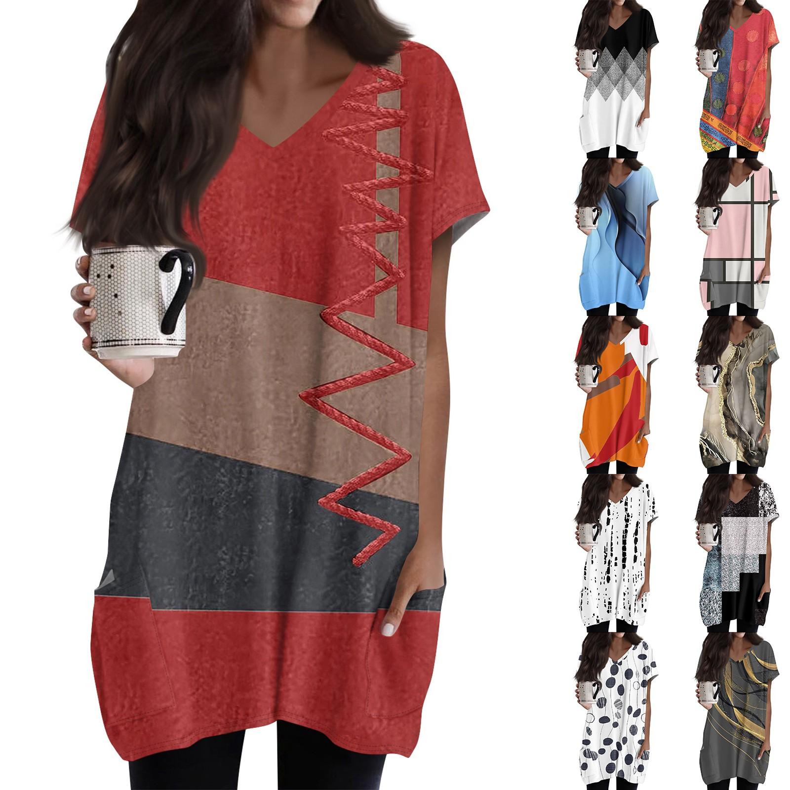 Hong Decor Dames Tops V-hals Korte Mouw Blouses Casual Mid-length Shirts Mode Print Tuniek Tops Met Zakken M