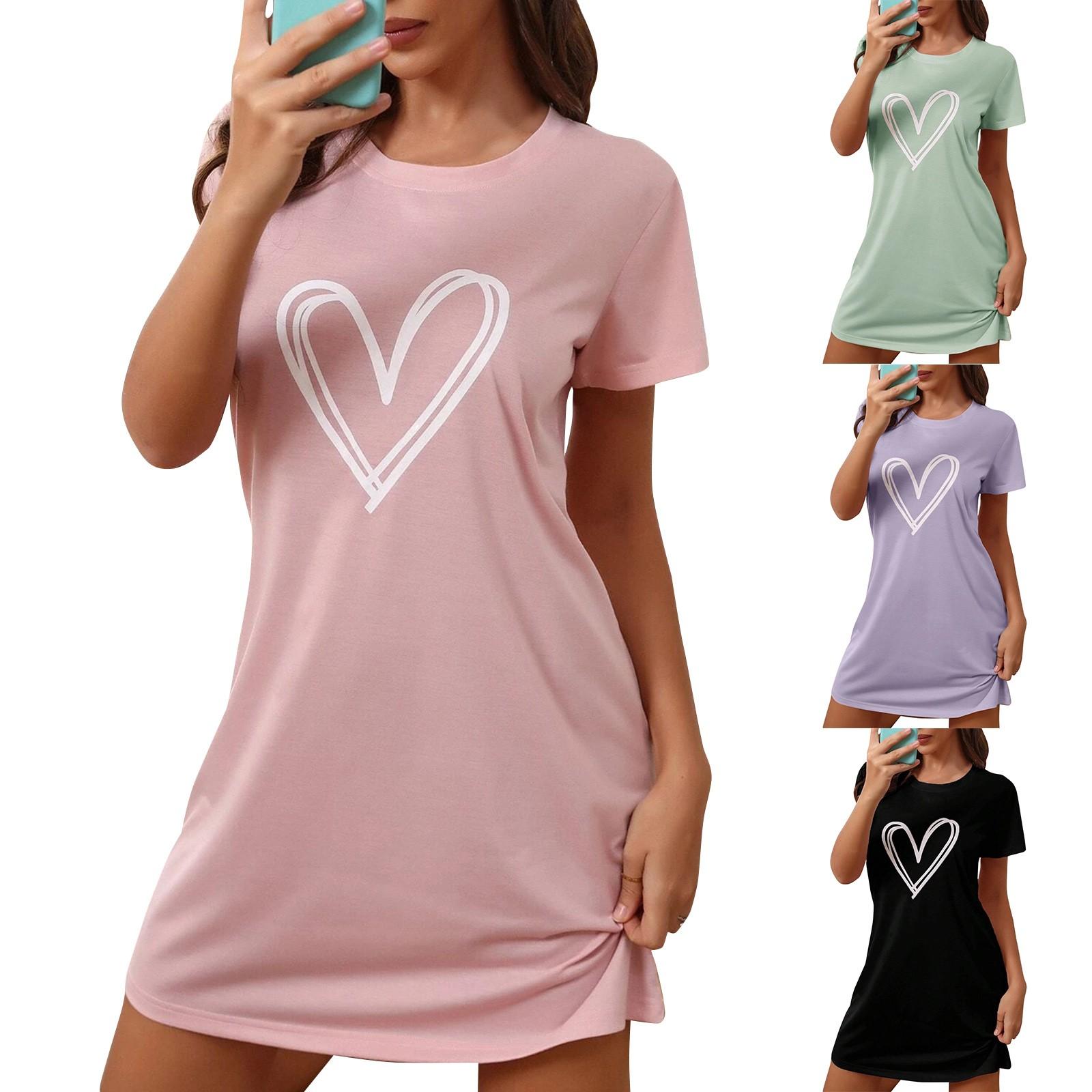 Jiangnan A Dameskleding voor thuis, pyjama's, korte mouwen met liefdesprint, comfortabel voor thuis, sexy en kan worden gedragen als casual jurk L lichtpaarse kleur