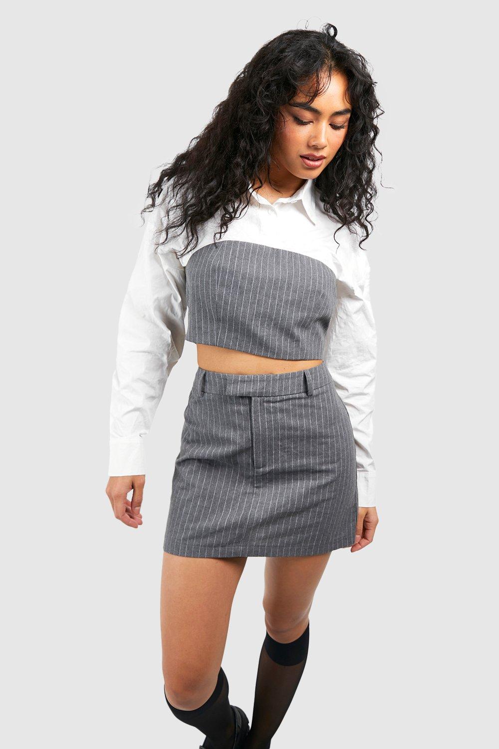 Boohoo Mergel Mini Rokje Met Krijtstrepen, Charcoal