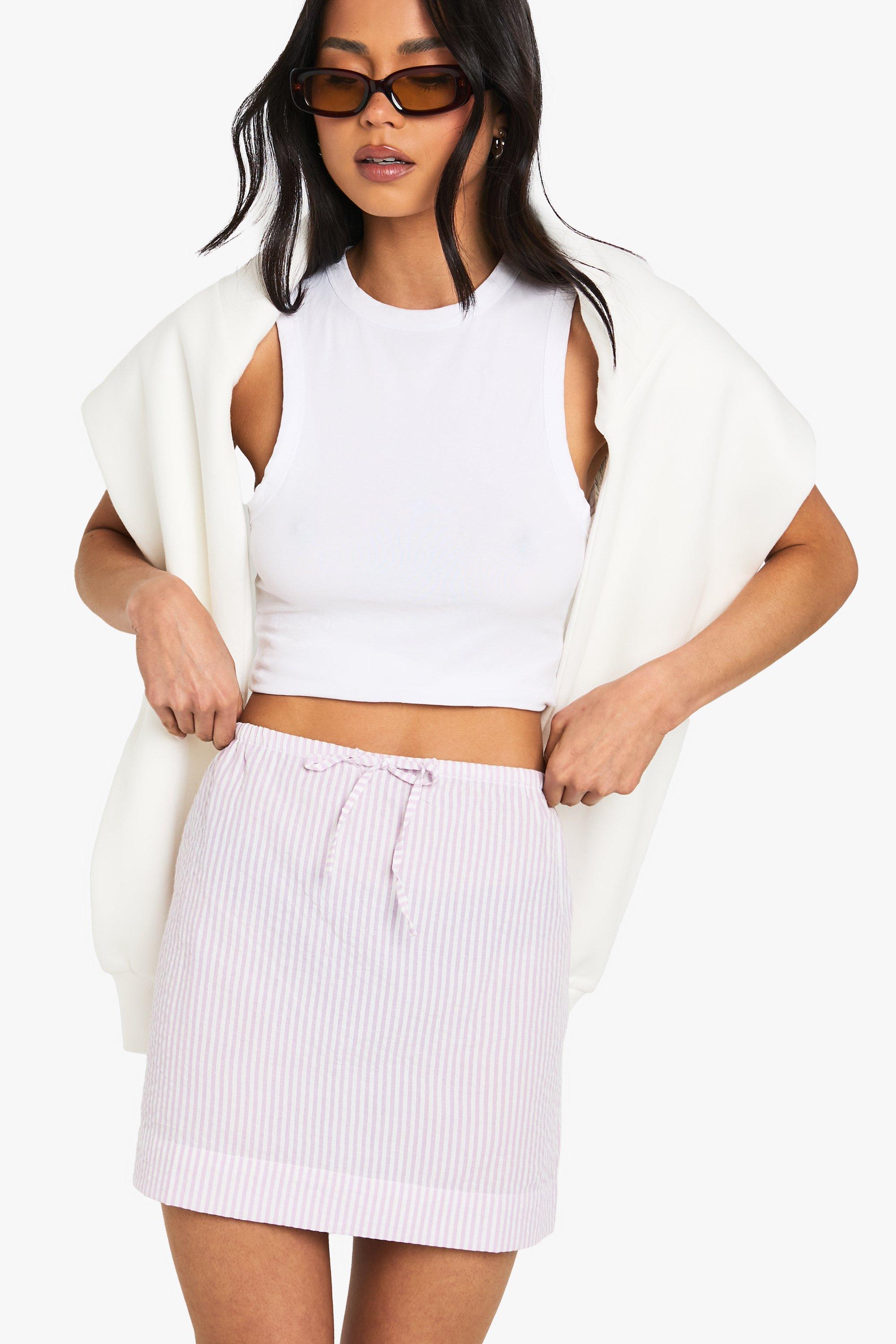Boohoo Lila Gestreepte Seersucker Rok Met Touwtjes, Lilac