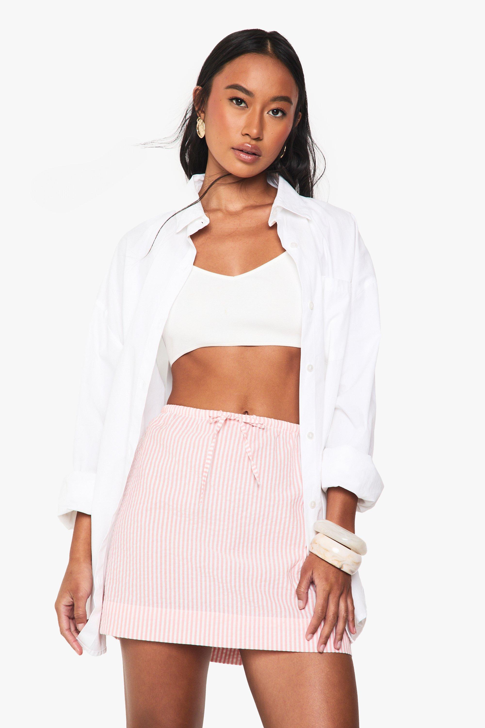 Boohoo Roze Gestreepte Seersucker Rok Met Touwtjes, Pink