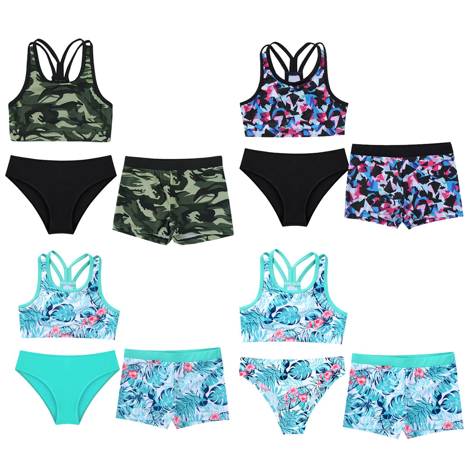 Tiaobug 3-delige badpak met bloemenprint voor meisjes, Criss Cross sportbeha, boyshorts, tankinibadpak 5-6 Years meer groene kleur