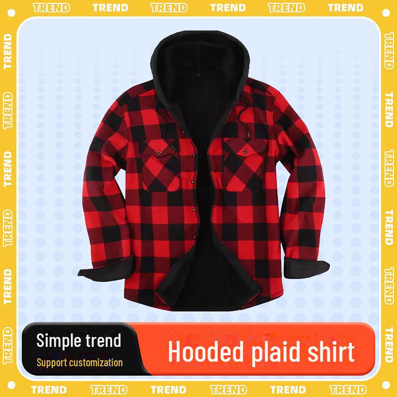 Top Men Wardrobe Heren geruite fleece-gevoerde capuchonjas - grote maten, lange mouwen, warme, casual winterkleding XXL rood
