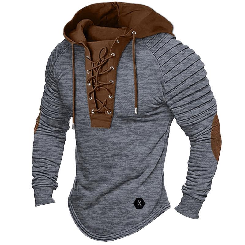 PulseTrade Heren effen geplooid hoodie T-shirt – vetersluiting, lange mouwen, basic streetstyle XXXL licht kaki kleur