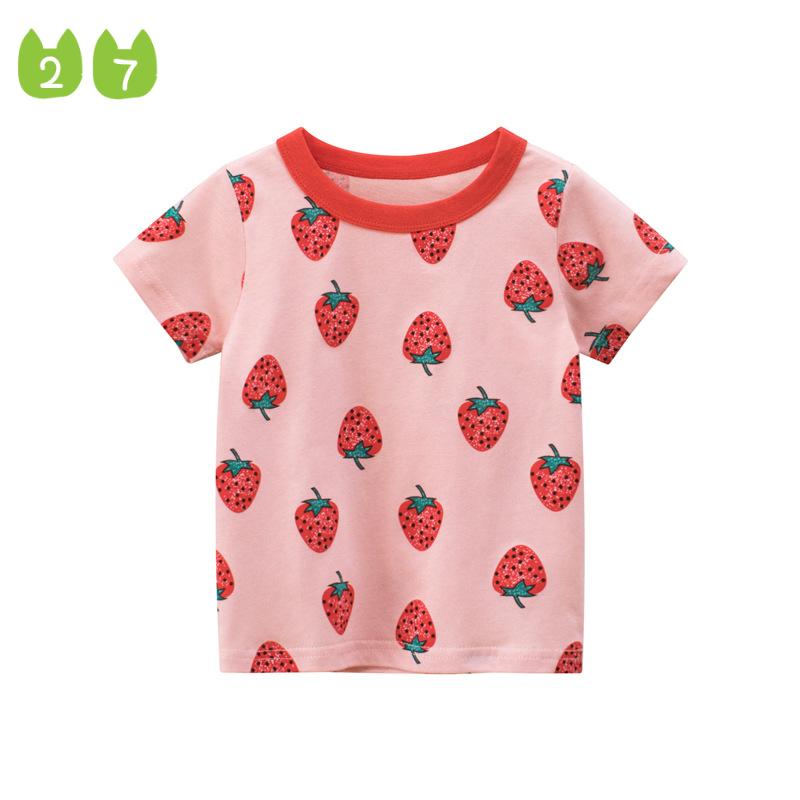 27kids Fashion Space Schattig zomerbaby-katoenen T-shirt met korte mouwen en aardbeien voor meisjes 90cm