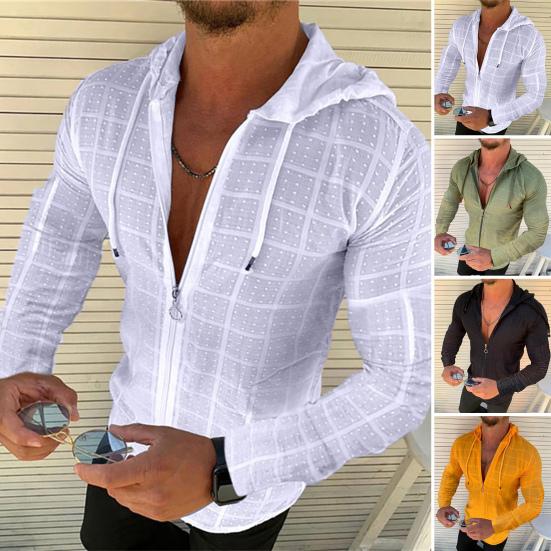 Western Cool Men Heren T-shirt met rits, capuchon, geruite lange mouwen, hiphopstijl S wit