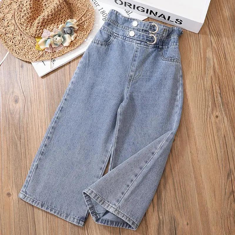 Roser Meisjes wijde jeans, veelzijdige stijl, modieuze grote kindervrijetijdsbroeken, lente- en herfstmeisjes losse broeken met dubbele taille 160cm blauw