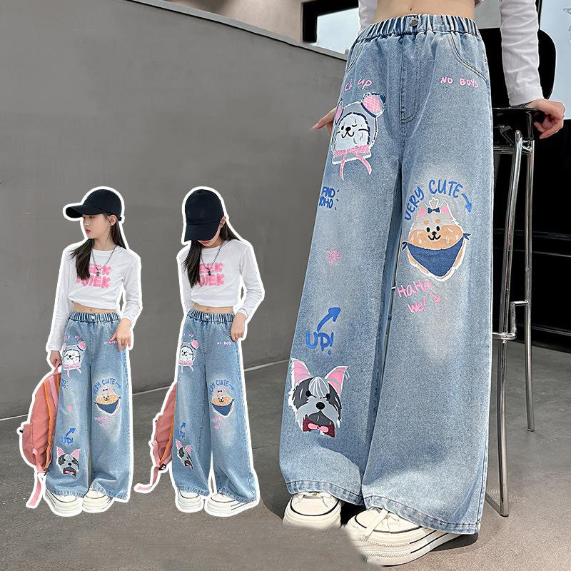 JOOCY Cartoon Mode Patroon Jeans Meisje Losse Rechte Denim Broek Mooie Print Kinderen Lente Herfst Koreaanse Stijl Lange Broek 150cm blauw