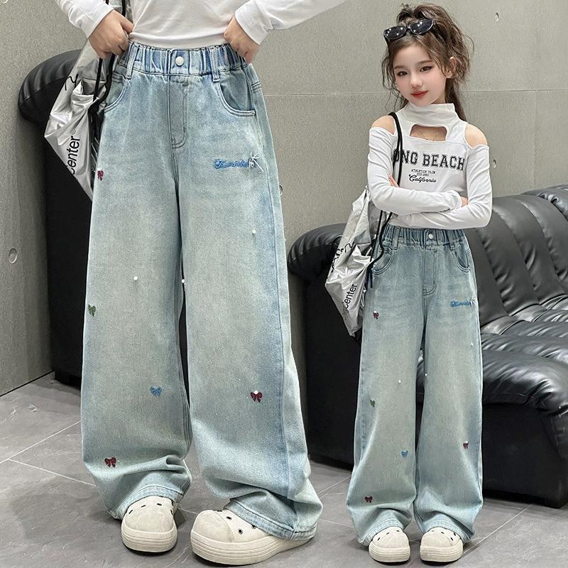 Mysterious Gift Meisjes wijde pijpen jeans herfstbroek voor kinderen strik borduurwerk ontwerp mode casual school tiener kinderen broek 150 blauw