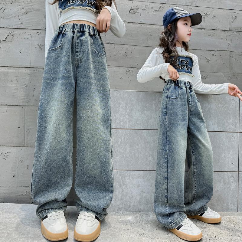 Mysterious Gift Meisjes denim wijde pijpen broek lente en herfst jeans trendy stijlvolle kinderen losse zakken afslankende rechte pijpen broek 150