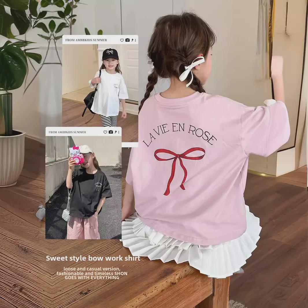 Voyex Koreaanse losse T-shirtjurk voor meisjes met strik op de rug - Zomerkleding met korte mouwen, maat medium 90 cm