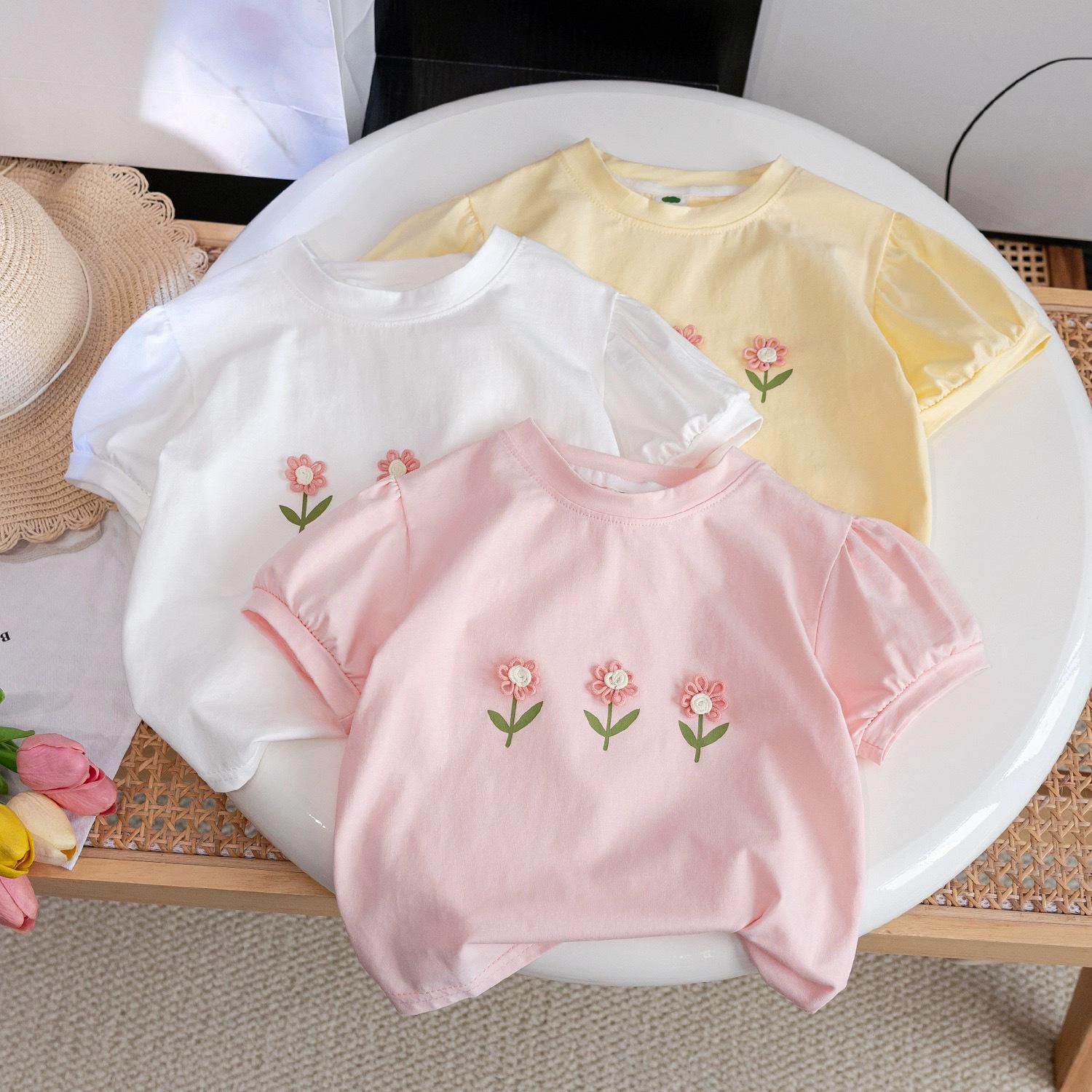 Voyex Meisjes T-shirt van katoen met korte mouwen in Koreaanse stijl met 3D-bloemenmotief - Trendy zomerkleding voor kinderen 80 cm