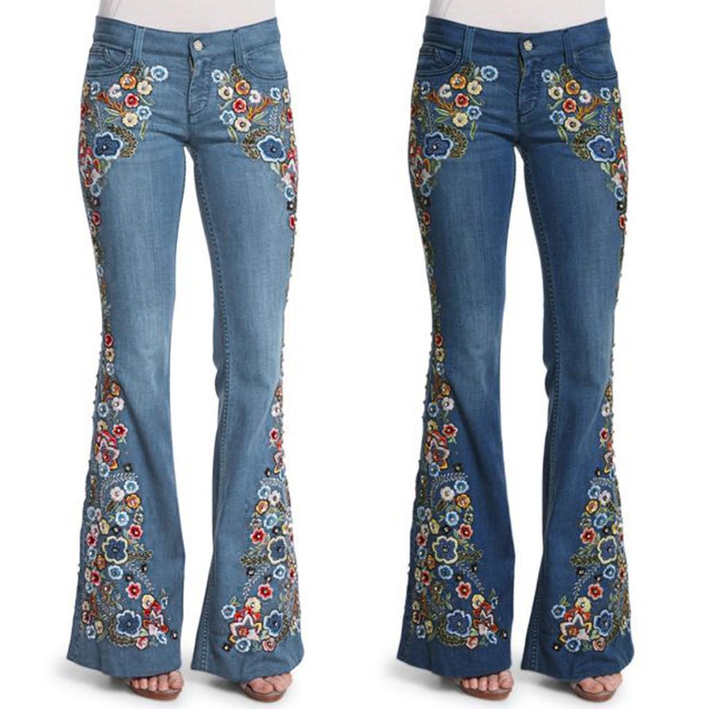 Roses Damesborduurwerk Destoryed Flare Jeans Knop Taille Bell Bottom Denim Broek M blauw