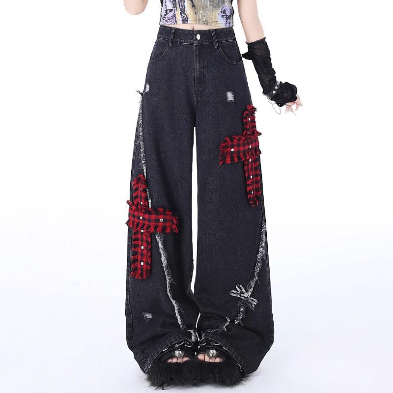 Zhanjie Ladies Clothing Zwarte Gothic Baggy Y2k Jeans voor dames, vintage streetwear cowboybroek, harajuku denim broek, esthetische emo trashy kleding uit de jaren 2000 S zwart
