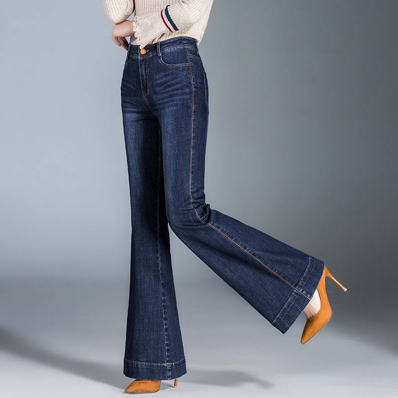 DOKI Herfst Lente Dames Hoge Taille Flare Broek Wijde Pijpen Jeans Vrouwelijke Denim Broeken Jeans Broek 34 donkerblauwe kleur