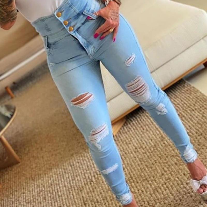 Polaris star 2024 Lente & Herfst Dames High Waist Slim Ripped Skinny Jeans E14-1; M zwart