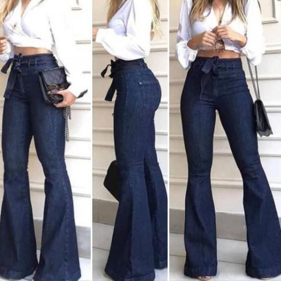 Jet Set Fashion Dames Bell Bottom Jeans Hoge Taille Stretch Flared Broek Casual Wijde Pijpen Bootcut Broek voor Werk Vrije Tijd S blauw