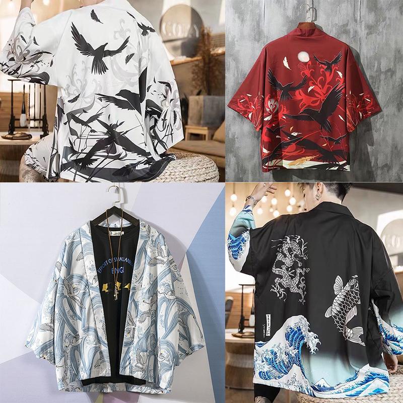 Cloth W Mode Traditionele Japanse Kimono Cardigan Mannen Vrouwen Zonnebrandcrème Bedrukking Dunne Losse Kimono Jas M wit/blauw