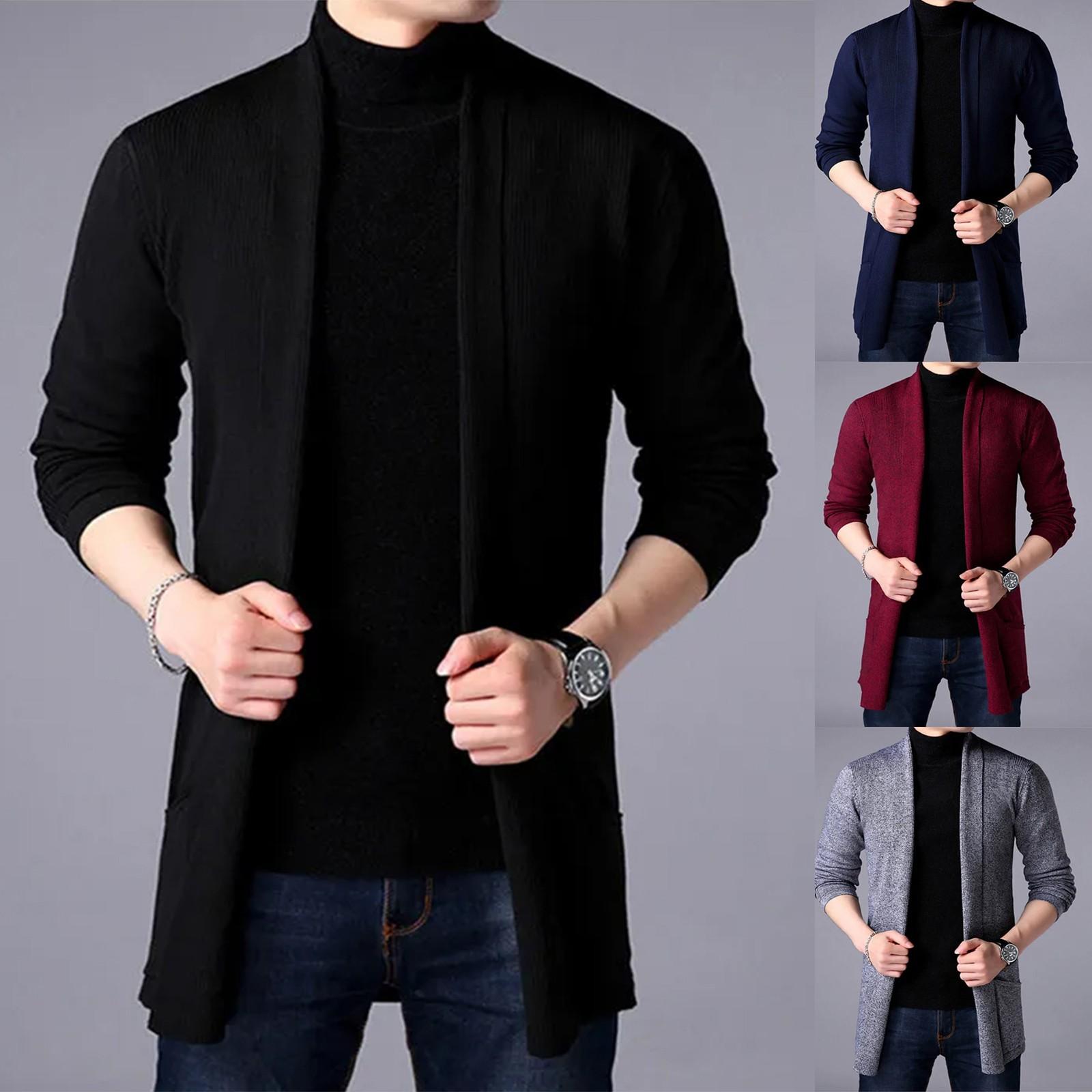 P andora Heren lange gebreide effenkleurige cardigan Herenmode Casual Zak Trui Topjas L zwart