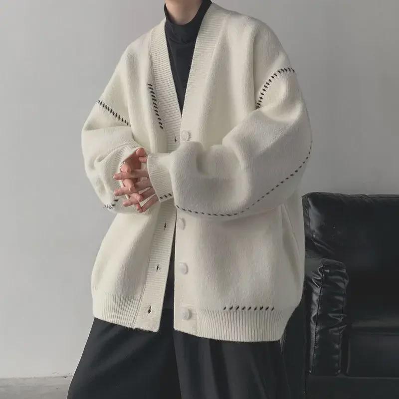 VantaGoods Dikke wintercardigan in retrostijl voor heren - Japanse V-hals gebreide trui L wit