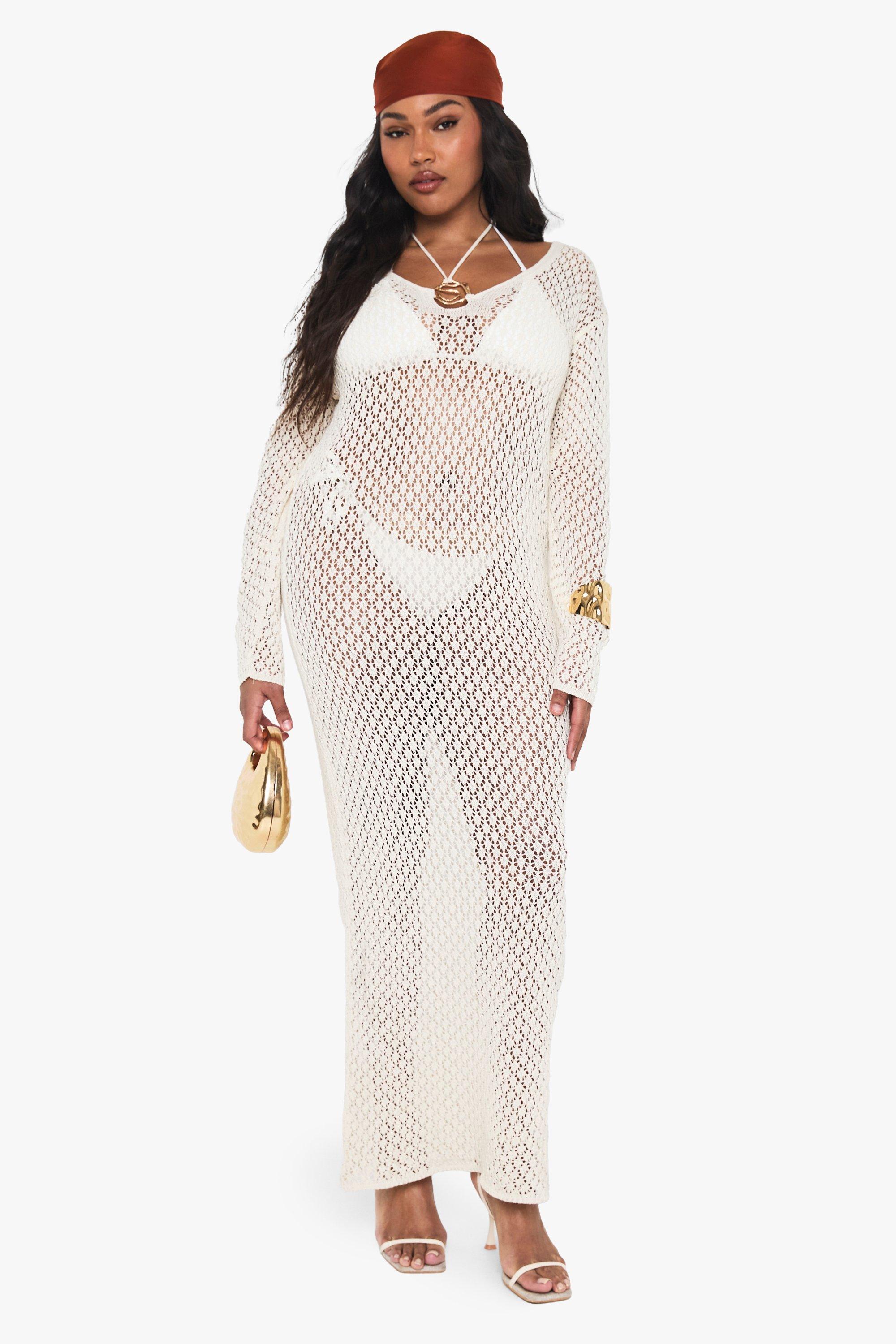 Boohoo Plus Maxi Strand Jurk Met Gebreide Zoom, Ecru
