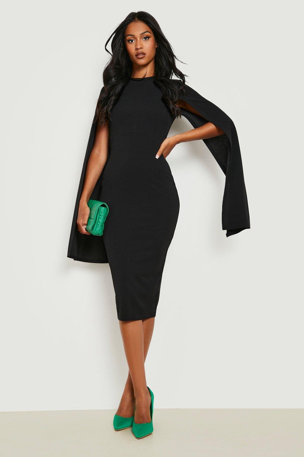 Boohoo Tall Midi Bodycon Jurk Met Cape Mouwen, Black
