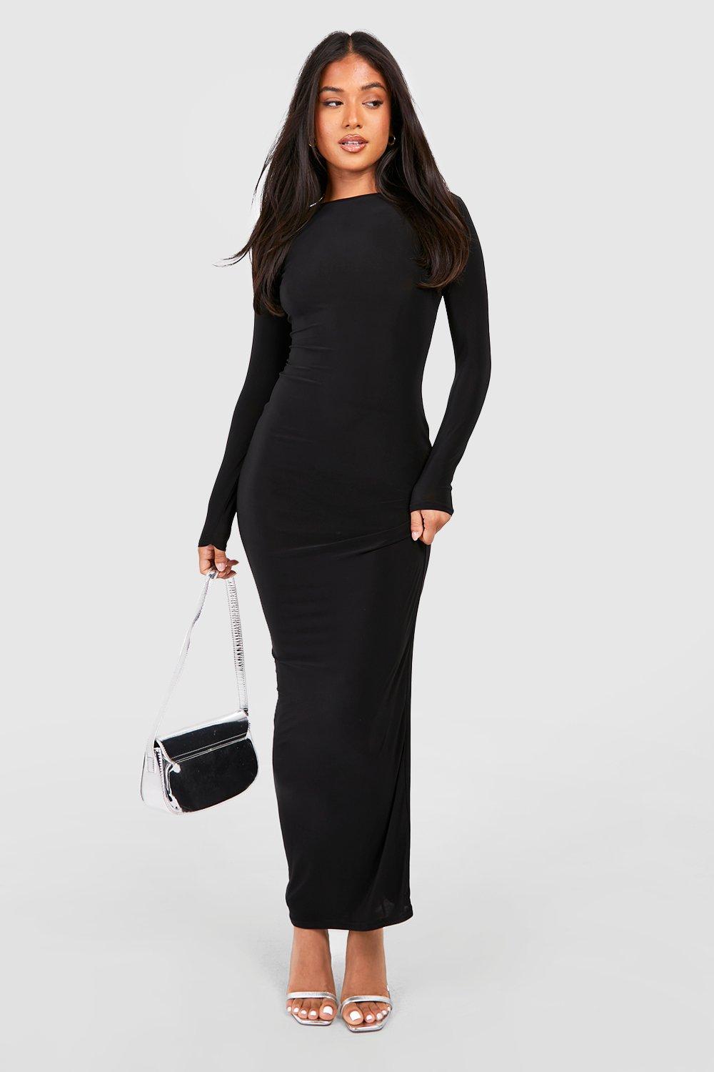 Boohoo Petite Strakke Maxi Jurk Met Lage Ronde Hals En Lange Mouwen, Black