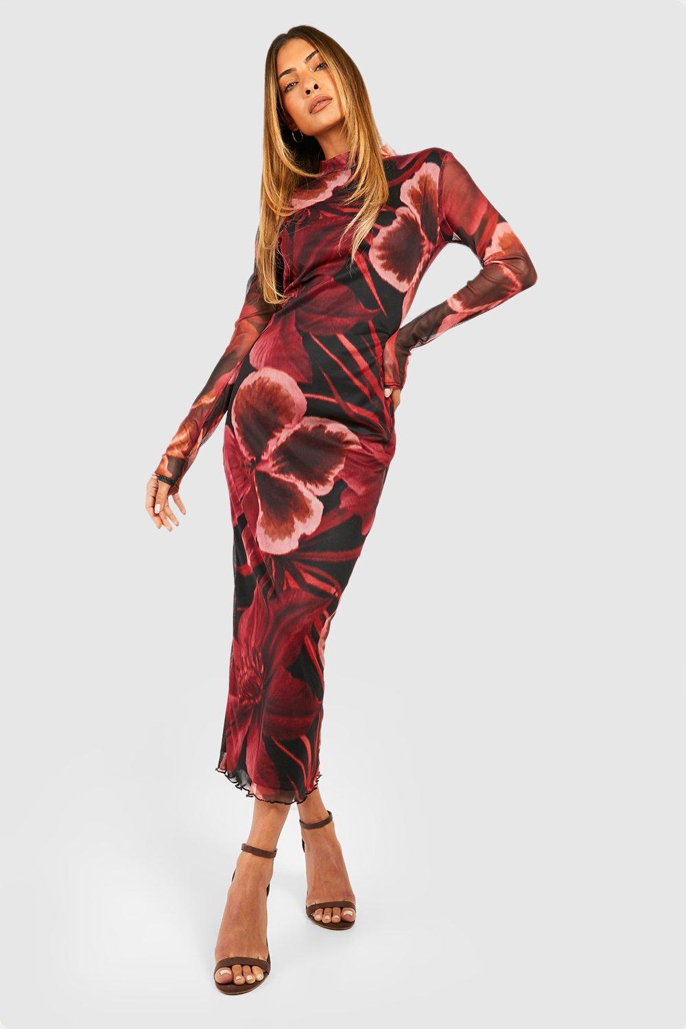 Boohoo Abstracte Mesh Bloemen Midaxi Jurk Met Hoge Hals, Black