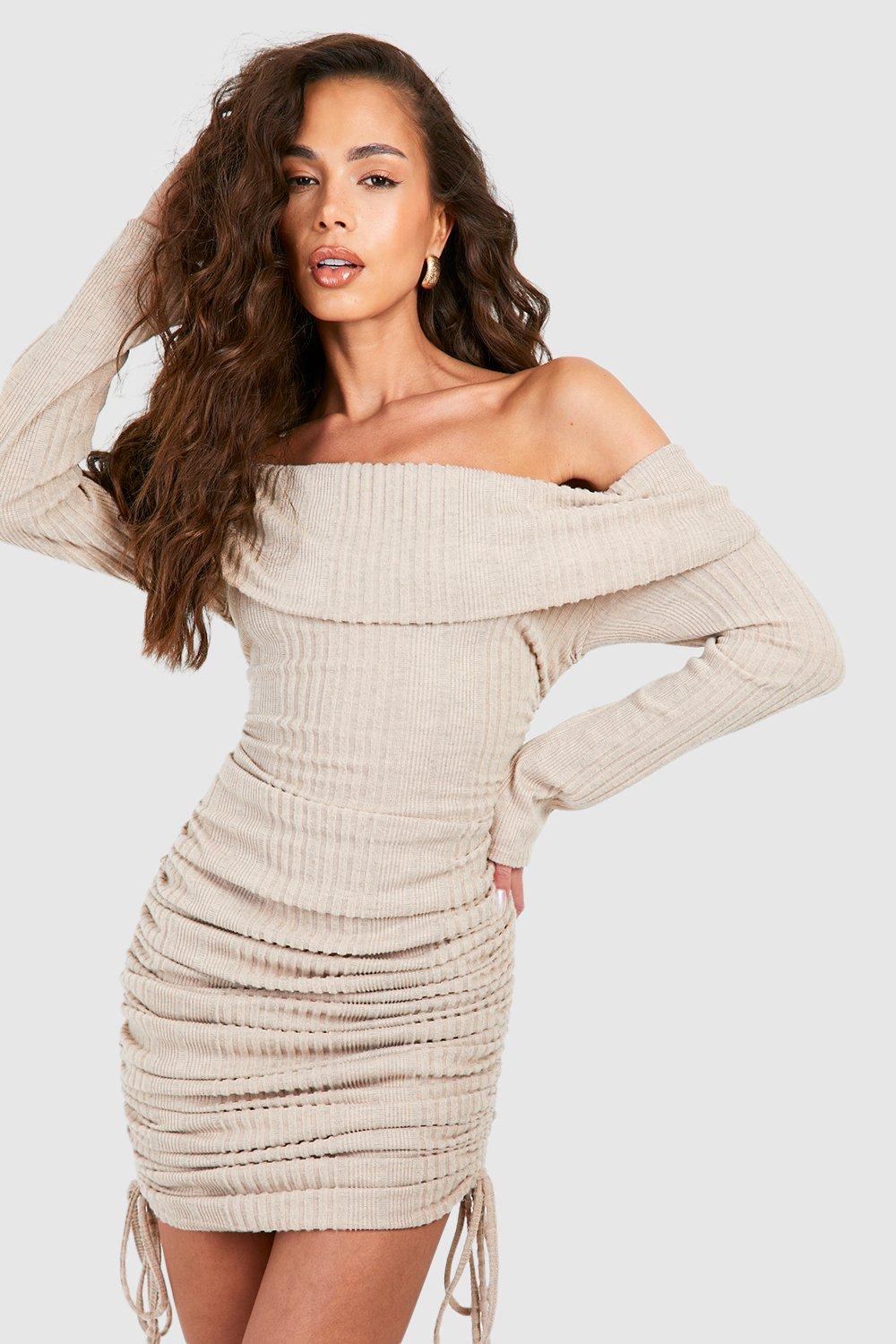 Boohoo Geribbelde Geplooide Midi Jurk Met Textuur En Touwtjes, Oatmeal