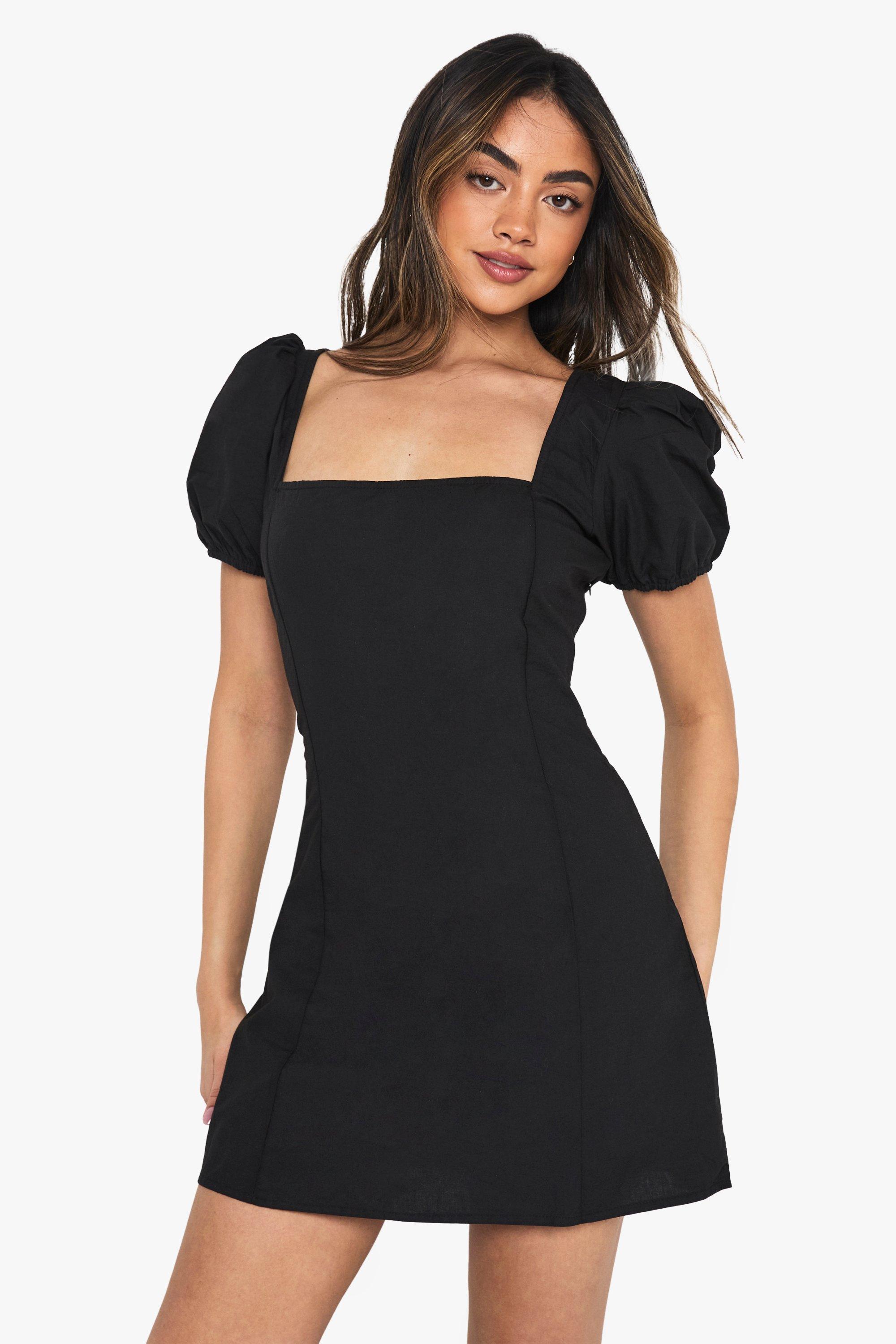 Boohoo Katoenen Mini Jurk Met Pofmouwen, Black
