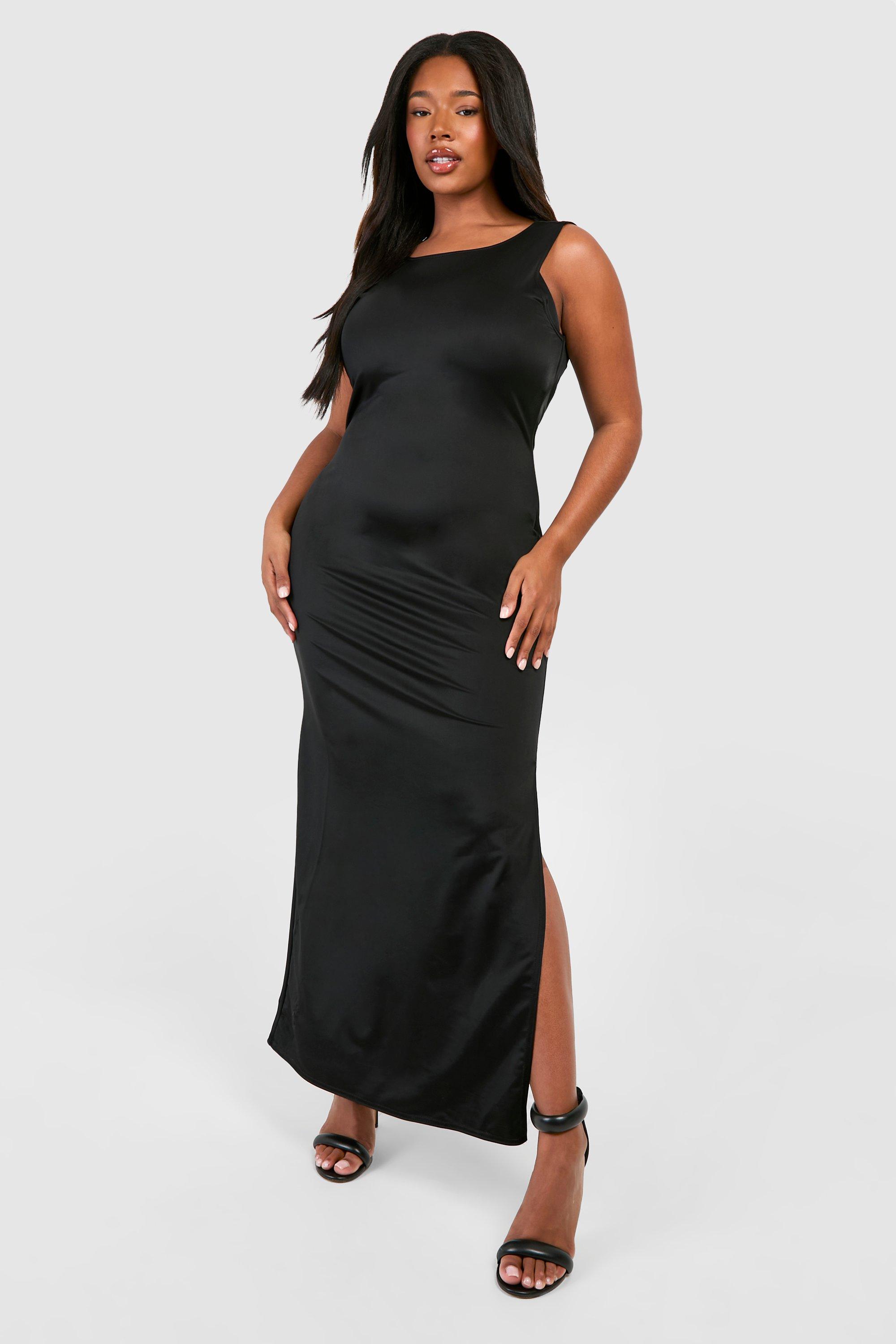 Boohoo Plus Strakke Maxi Jurk Met Ceintuur En Rug Strik, Black