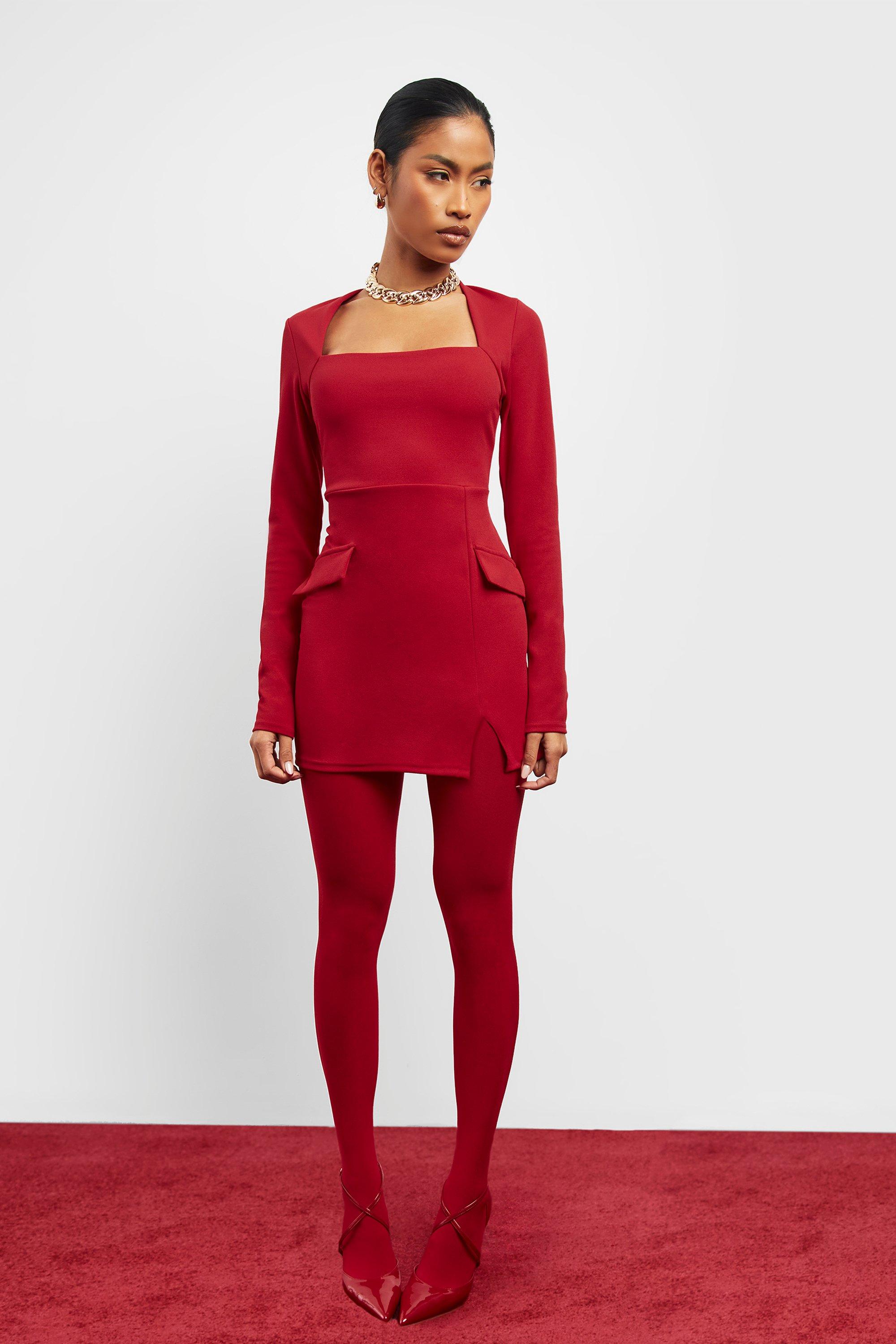 Boohoo Crêpe Mini Jurk Met Vierkante Hals En Zak Detail, Red