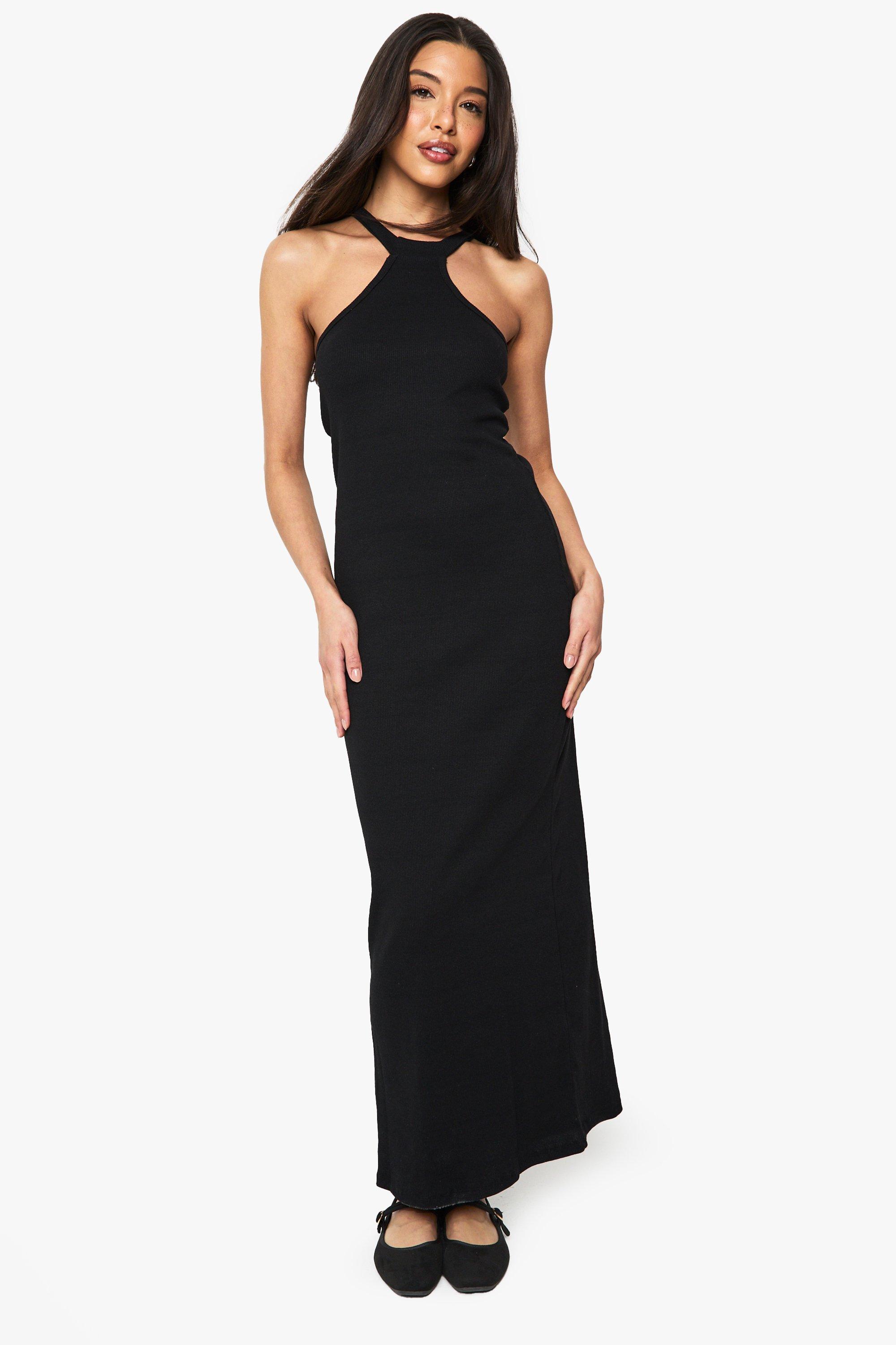 Boohoo Geribbelde Maxi Jurk Met Halter Neck, Black