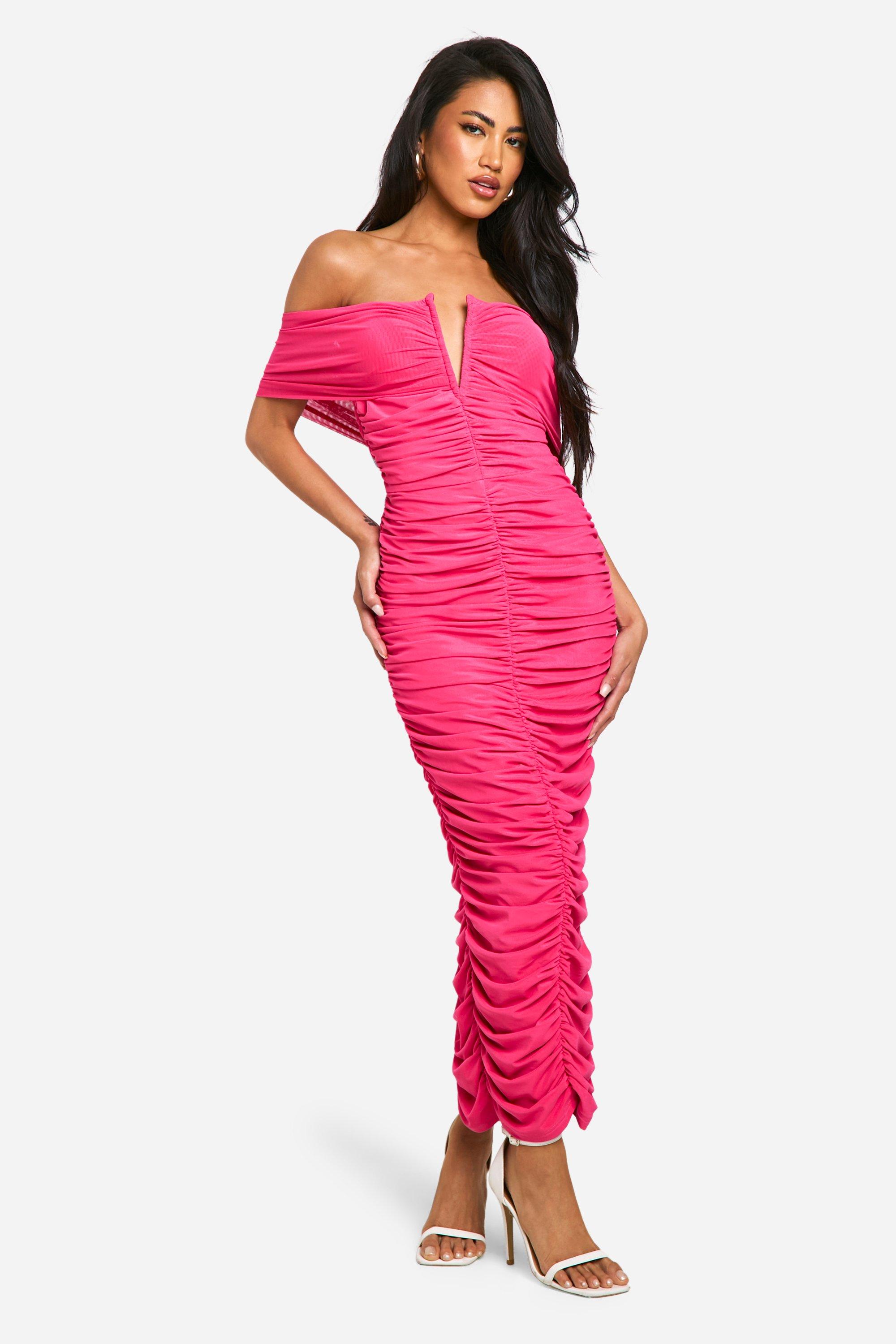 Boohoo Premium Power Mesh Midaxi Jurk Met Structuur, Hot Pink
