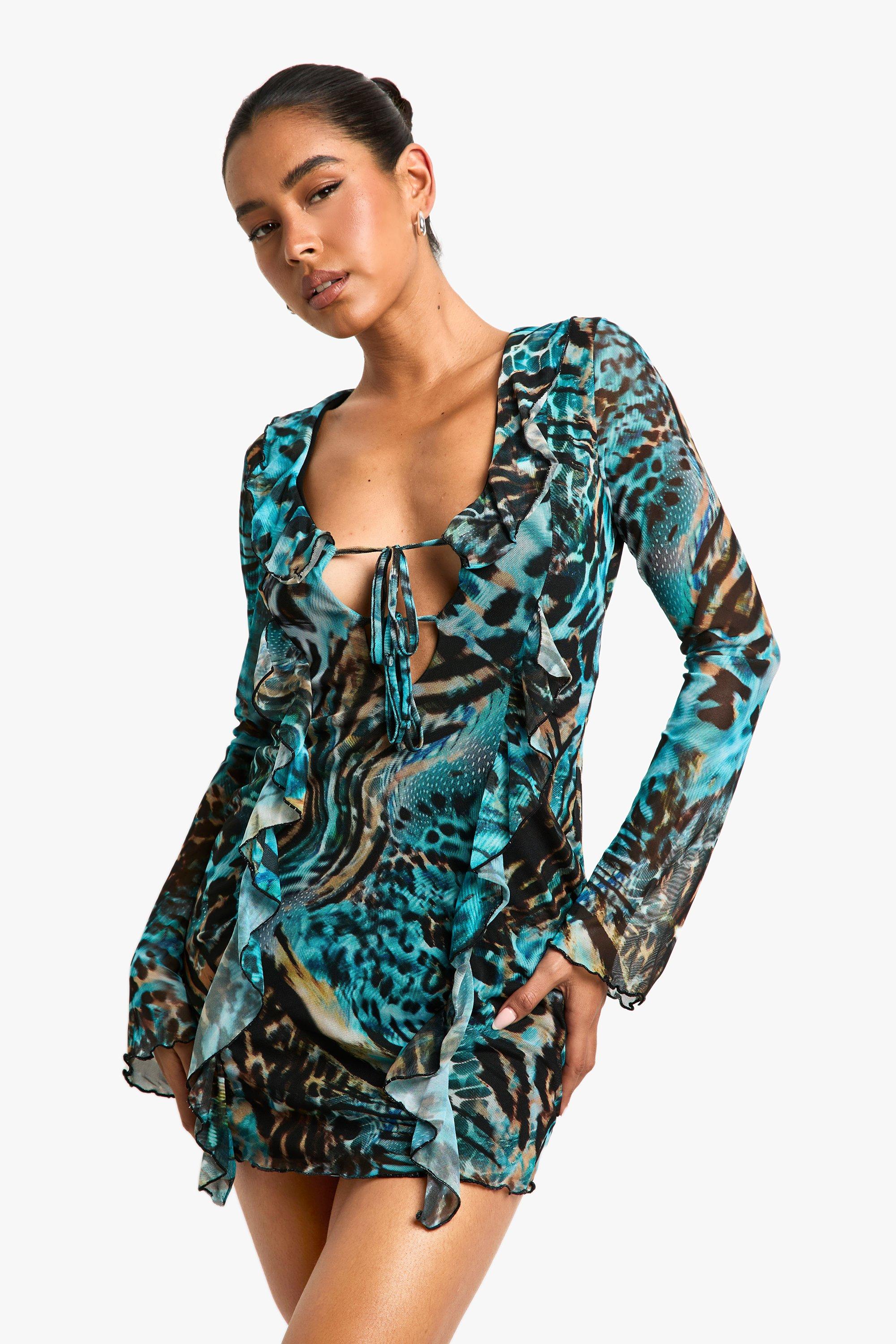 Boohoo Mesh Dierenprint Mini Jurk Met Ruches, Blue
