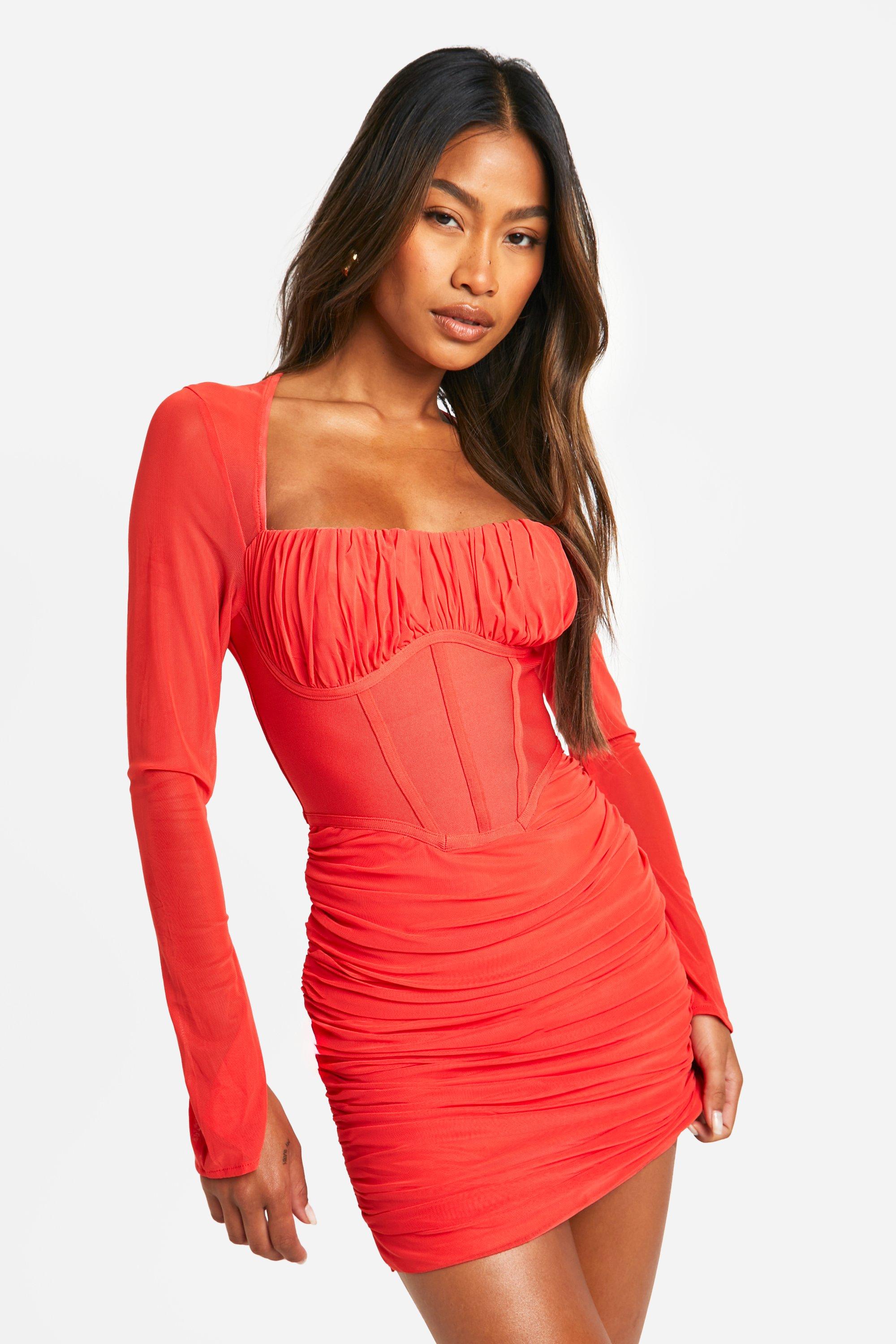 Boohoo Premium Power Mesh Jurk Met Wijde Mouwen, Red