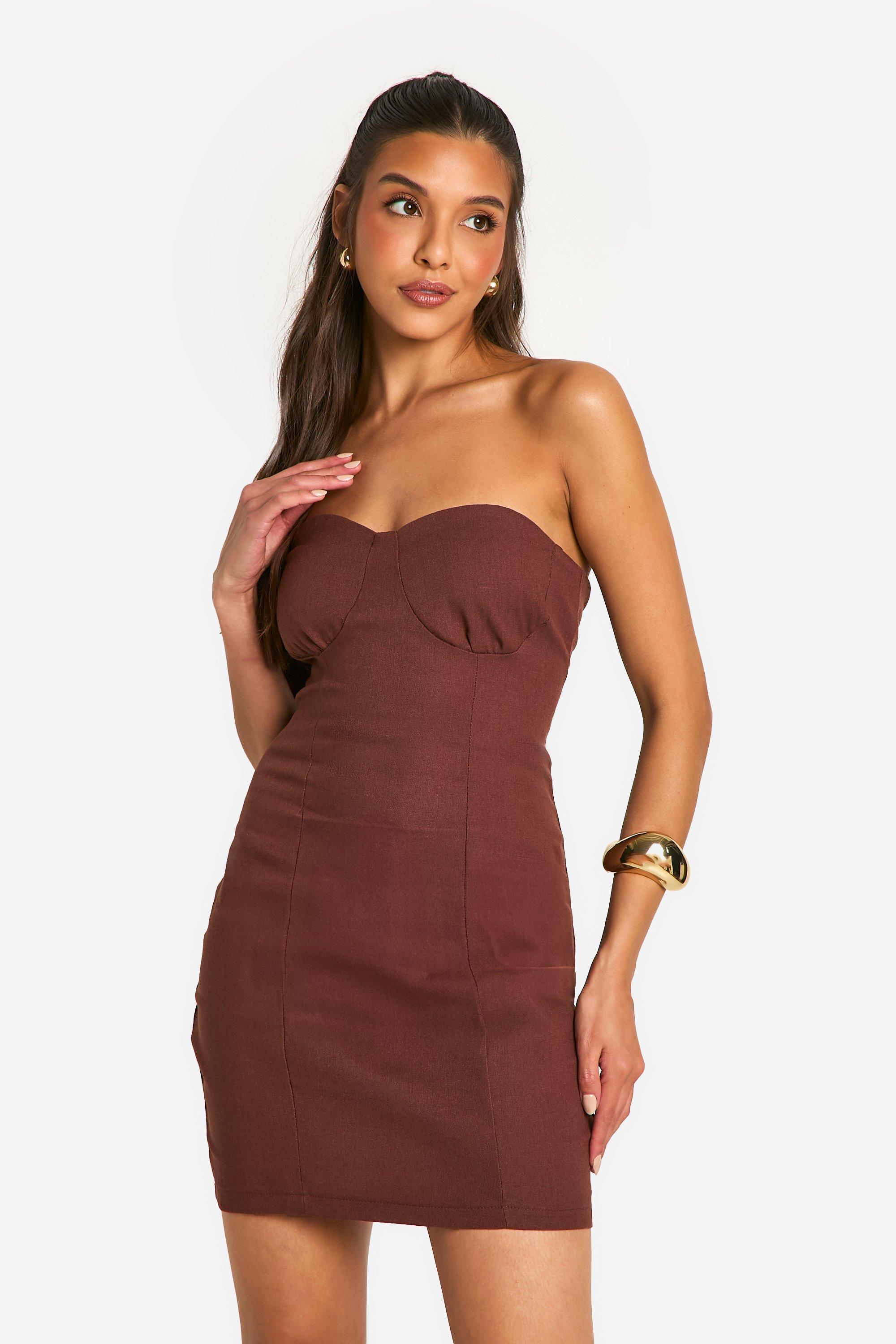 Boohoo Strapless Mini Jurk, Chocolate