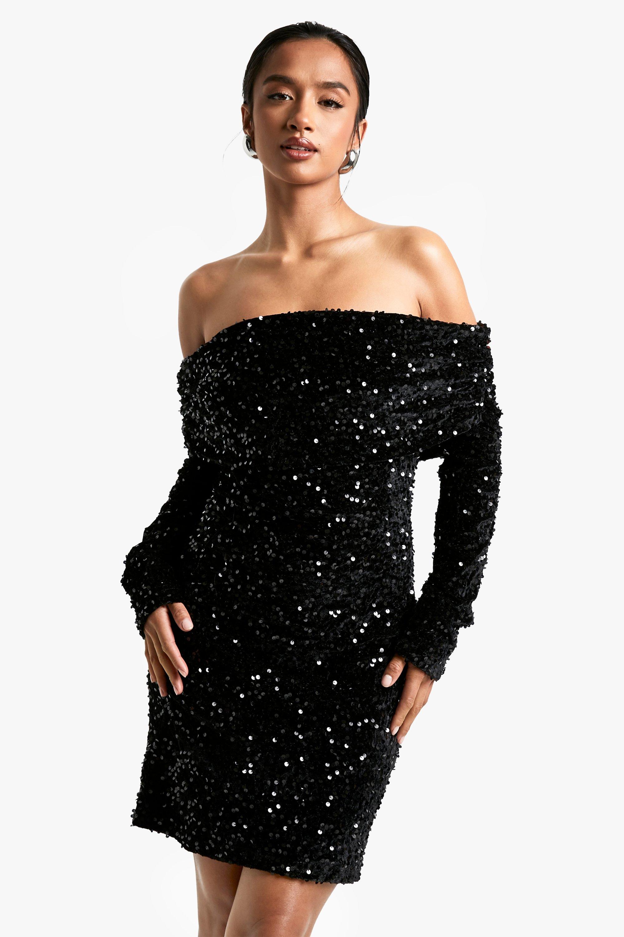 Boohoo Petite Fluwelen Glitter Mini Jurk Met Pailletten En Uitgesneden Hals, Black