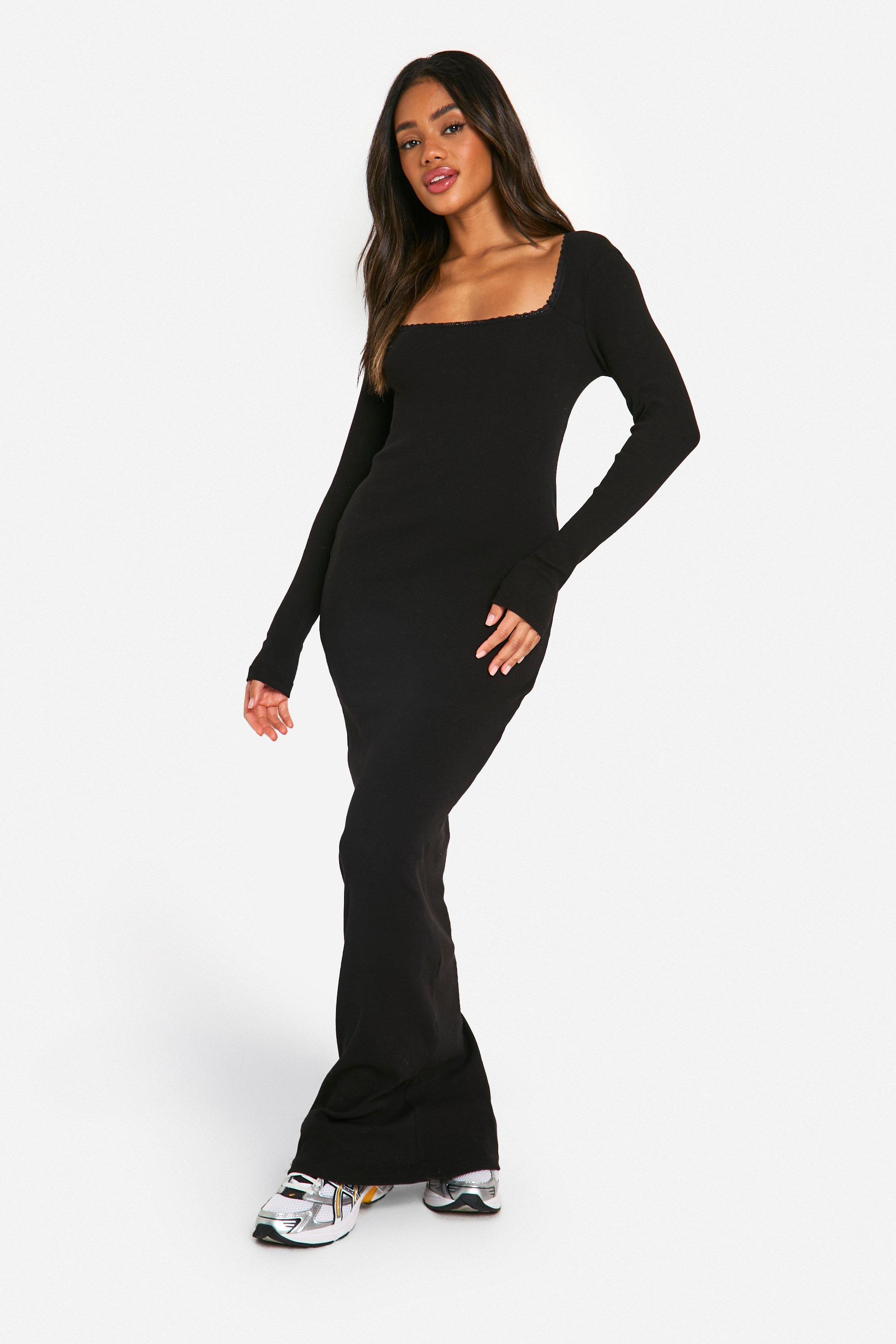 Boohoo Geribbelde Midaxi Jurk Met Kanten Zoom, Black