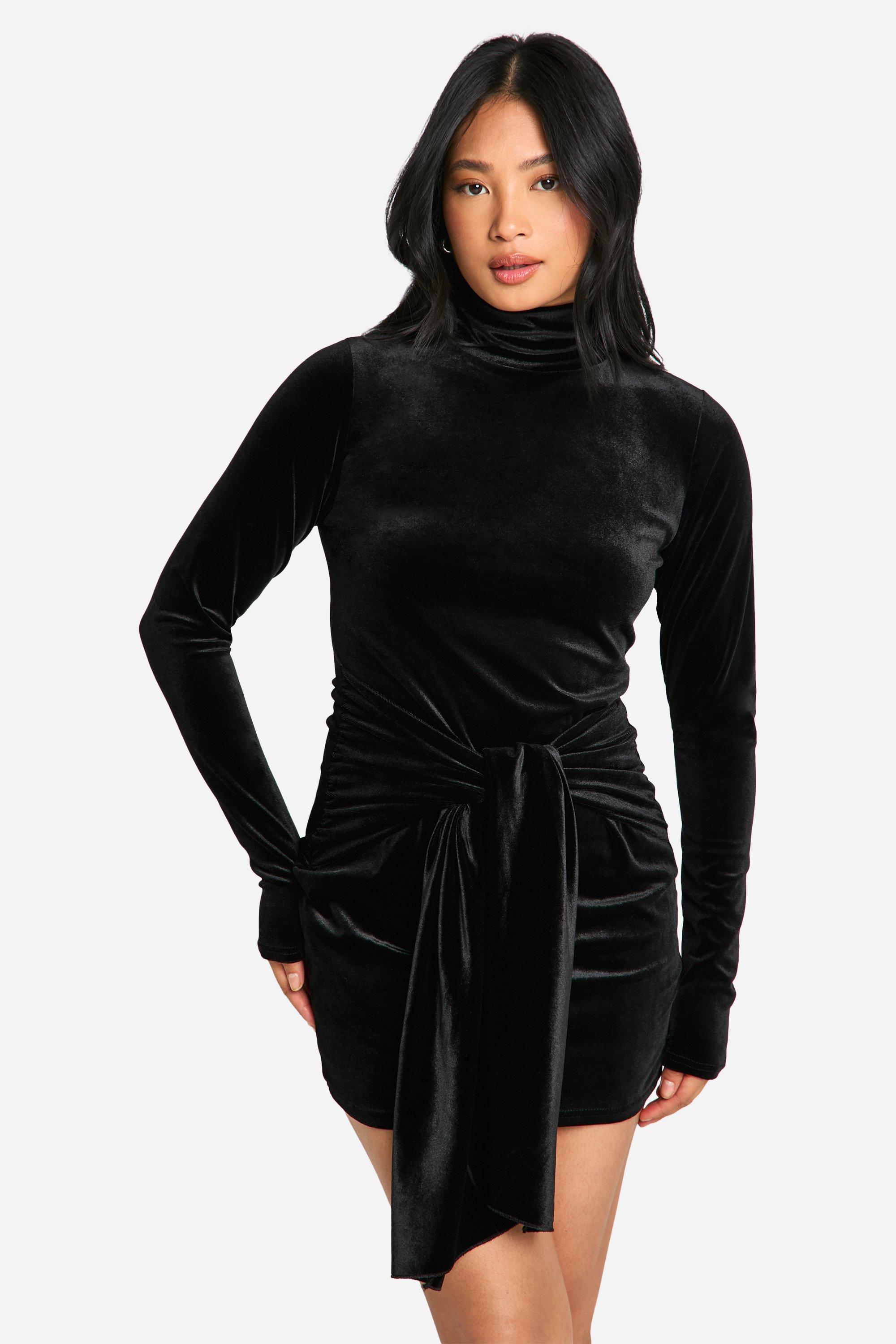 Boohoo Petite Fluwelen Mini Wikkeljurk Met Hoge Hals, Black