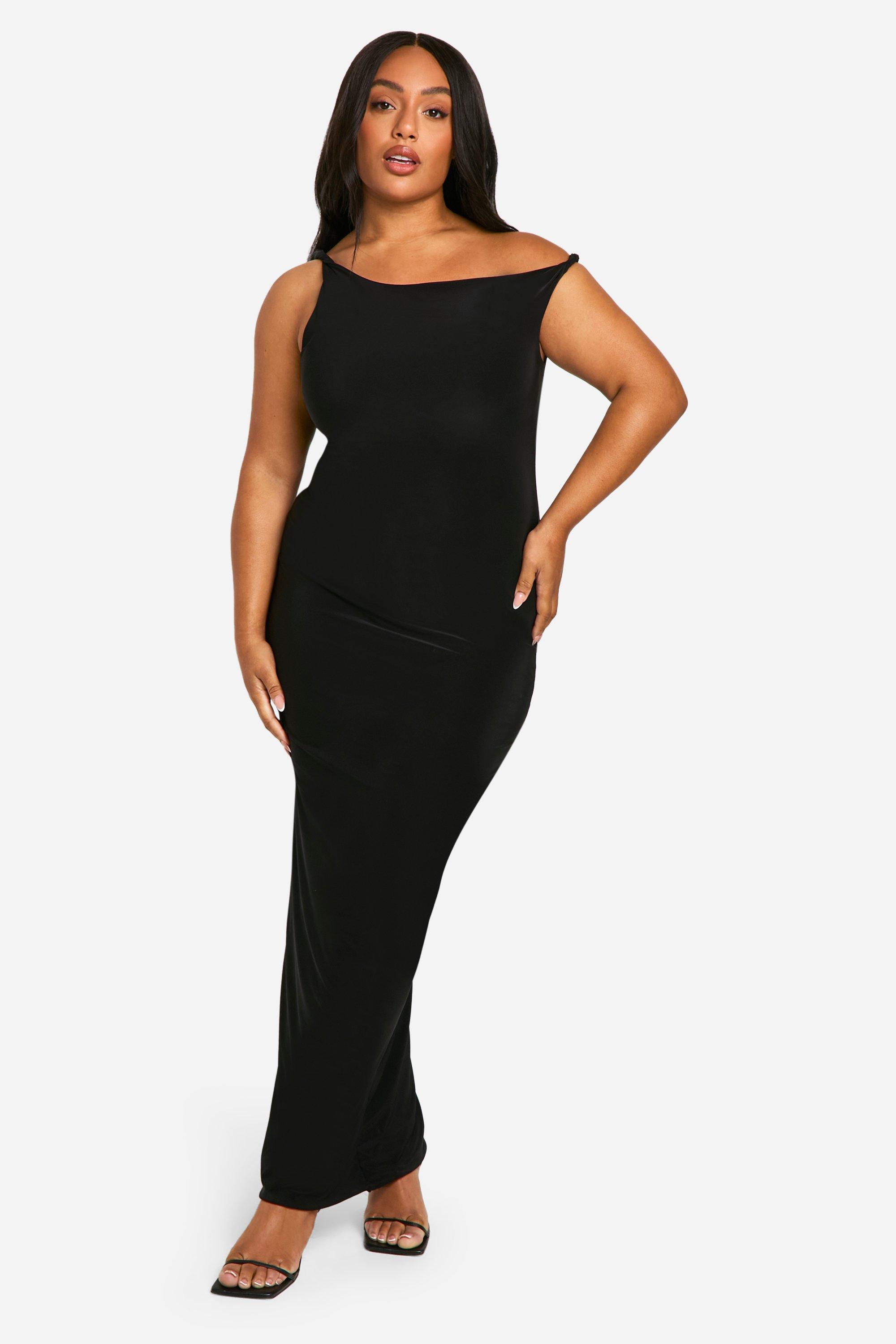 Boohoo Plus Strakke Maxi Jurk Met Gedraaide Schouders, Black
