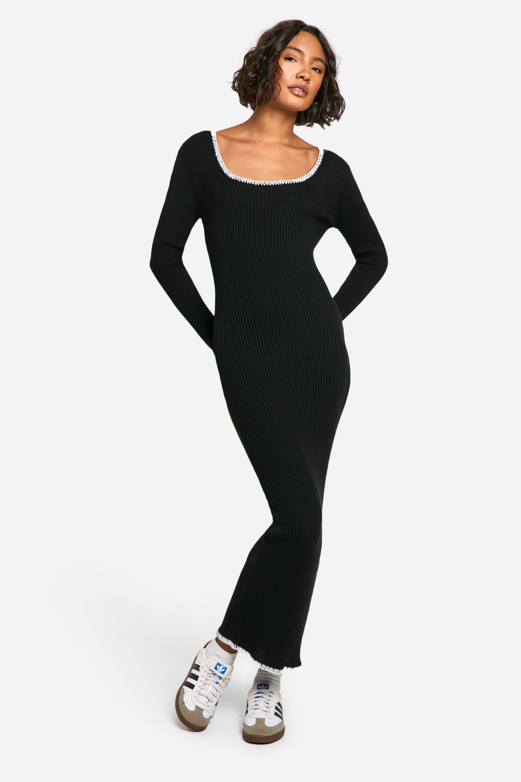 Boohoo Tall Midaxi Jurk Met Contrasterende Stiksels, Black
