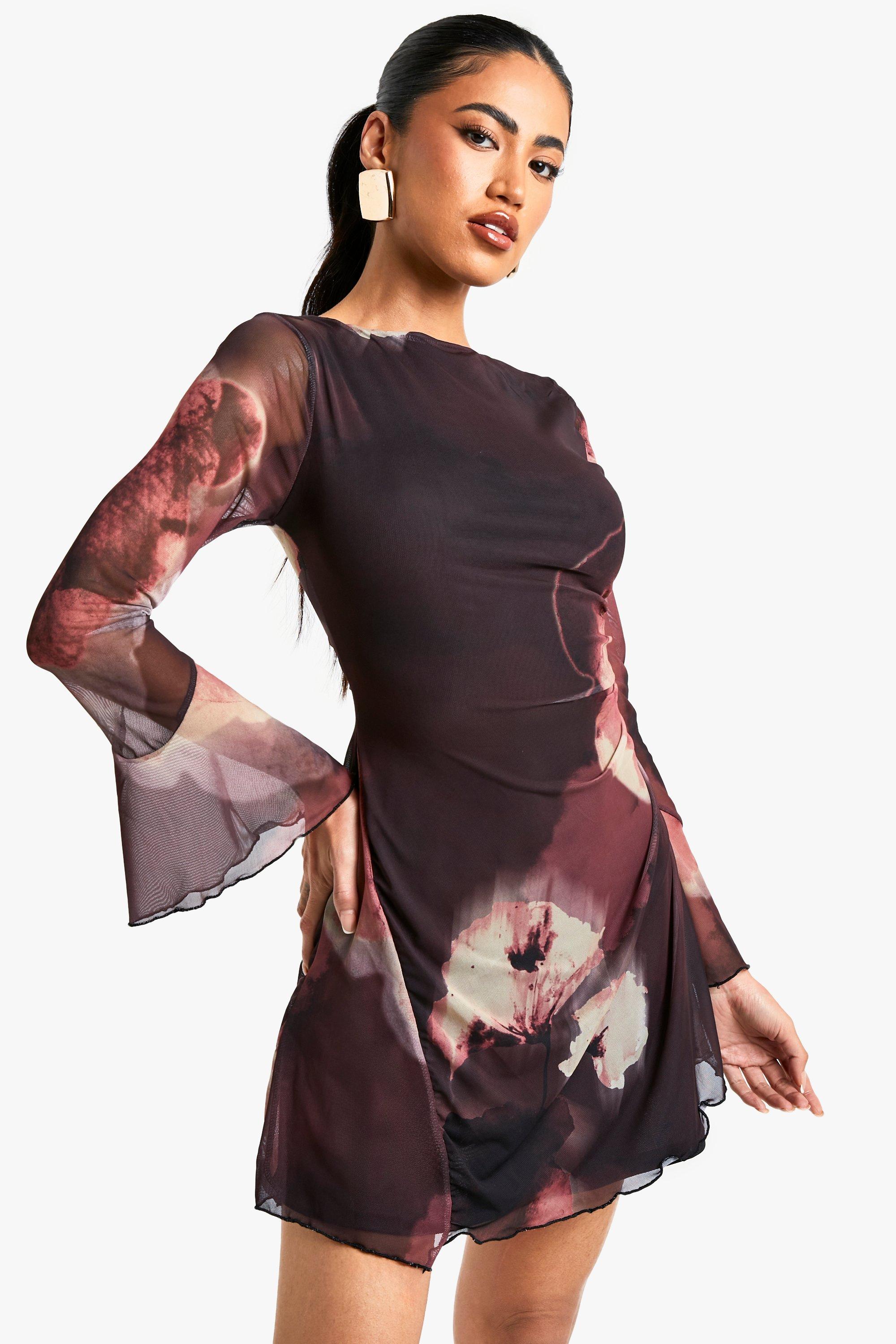 Boohoo Mesh Bloemen A-Lijn Mini Jurk, Black