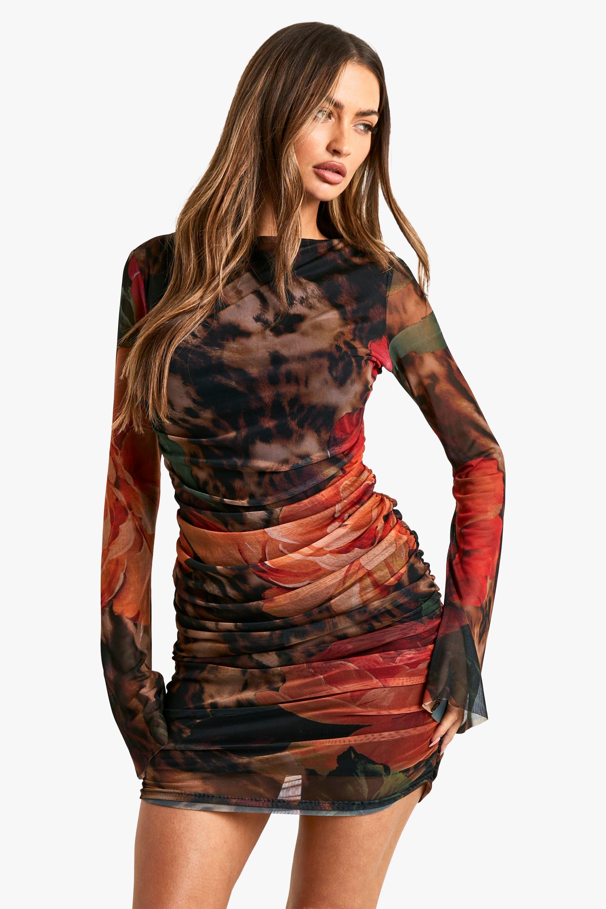 Boohoo Mesh Grote Bloemenprint Mini Jurk Met Lange Mouwen, Brown